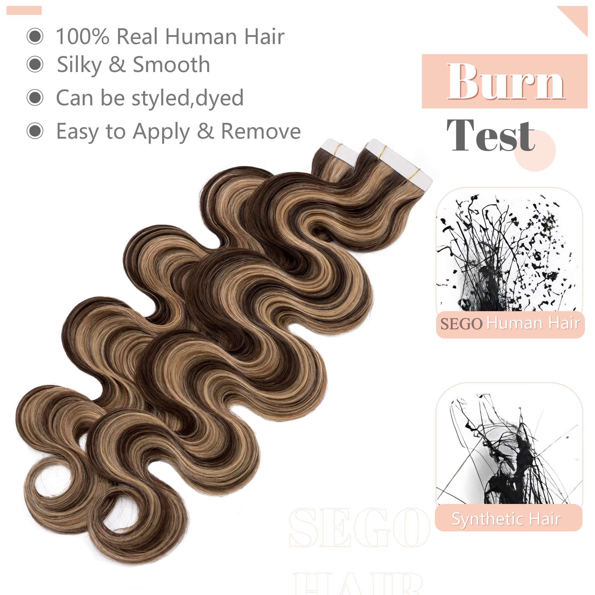 SEGO Tape in Hair Extensions Wavy 16 Inch Balayage 100% Remy Human Hair Real Seamless Skin Weft Invisible Rooted Double Sided Ta