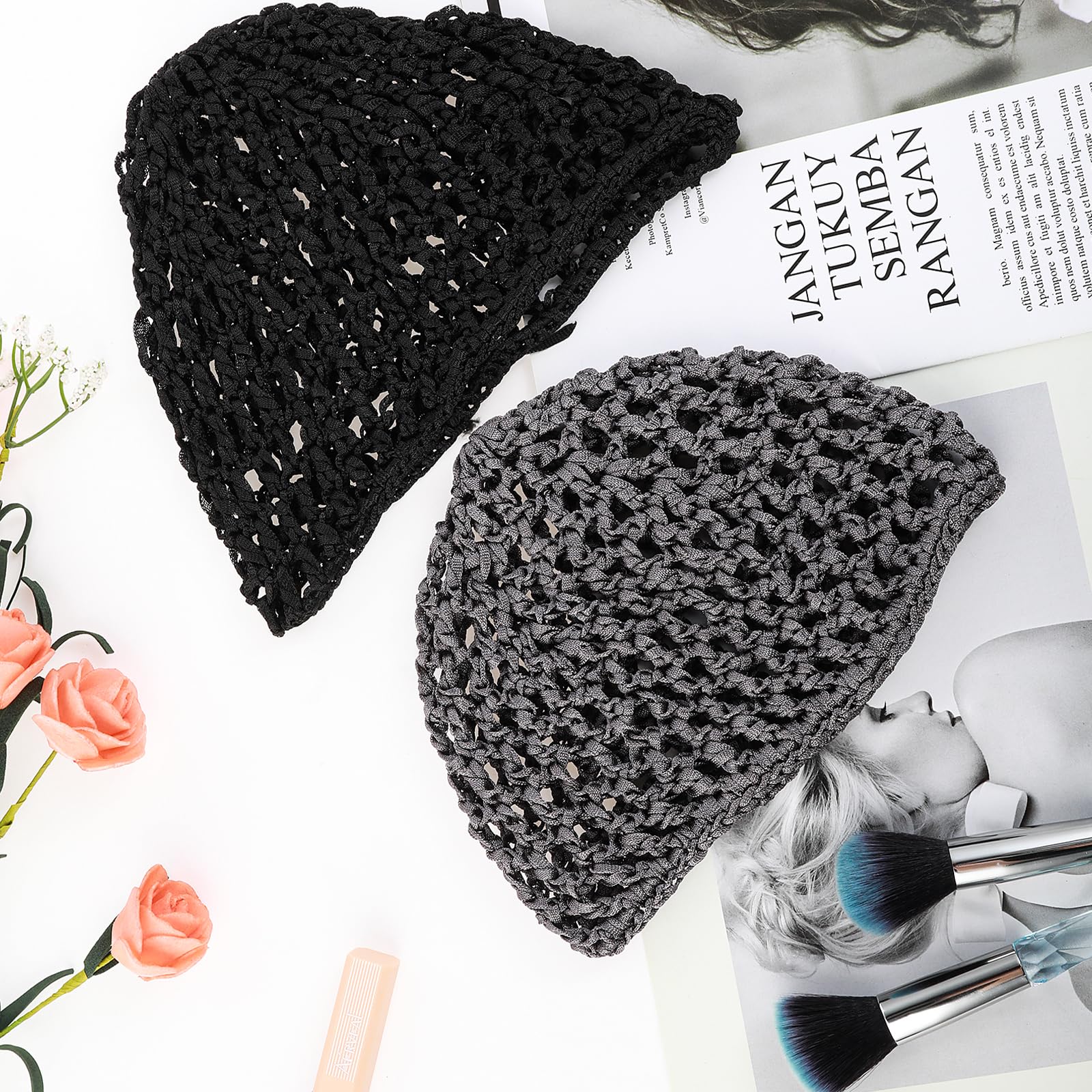 Hair Net For Sleep, 2 Pieces Mesh Crochet Hair Net Snood Hat Sleep Cap Shower Cover Ornament For Women Black And Gray