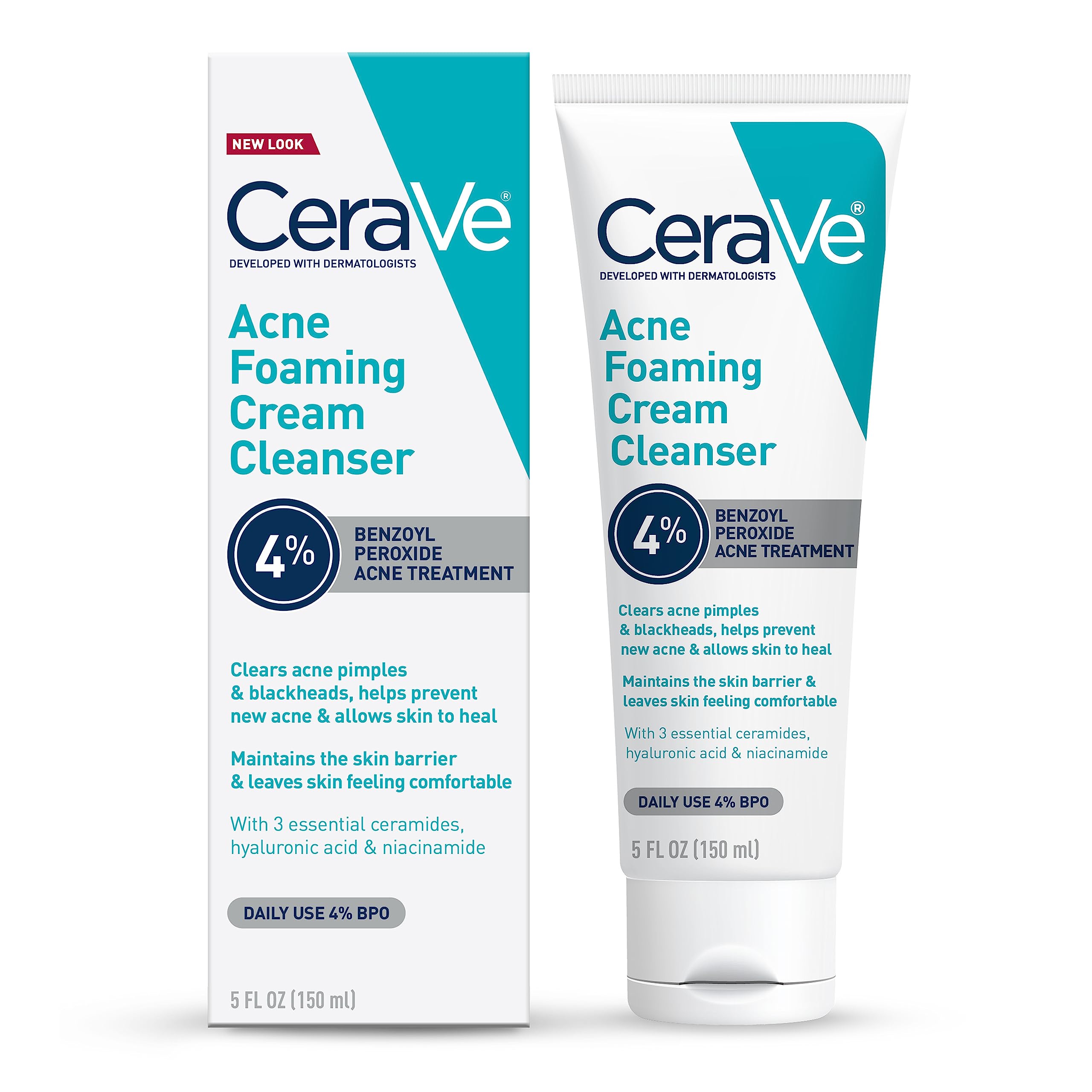 Cerave Acne Foaming Cream Cleanser | Acne Treatment Face Wash With 4% Benzoyl Peroxide, Hyaluronic Acid, And Niacinamide | Cream