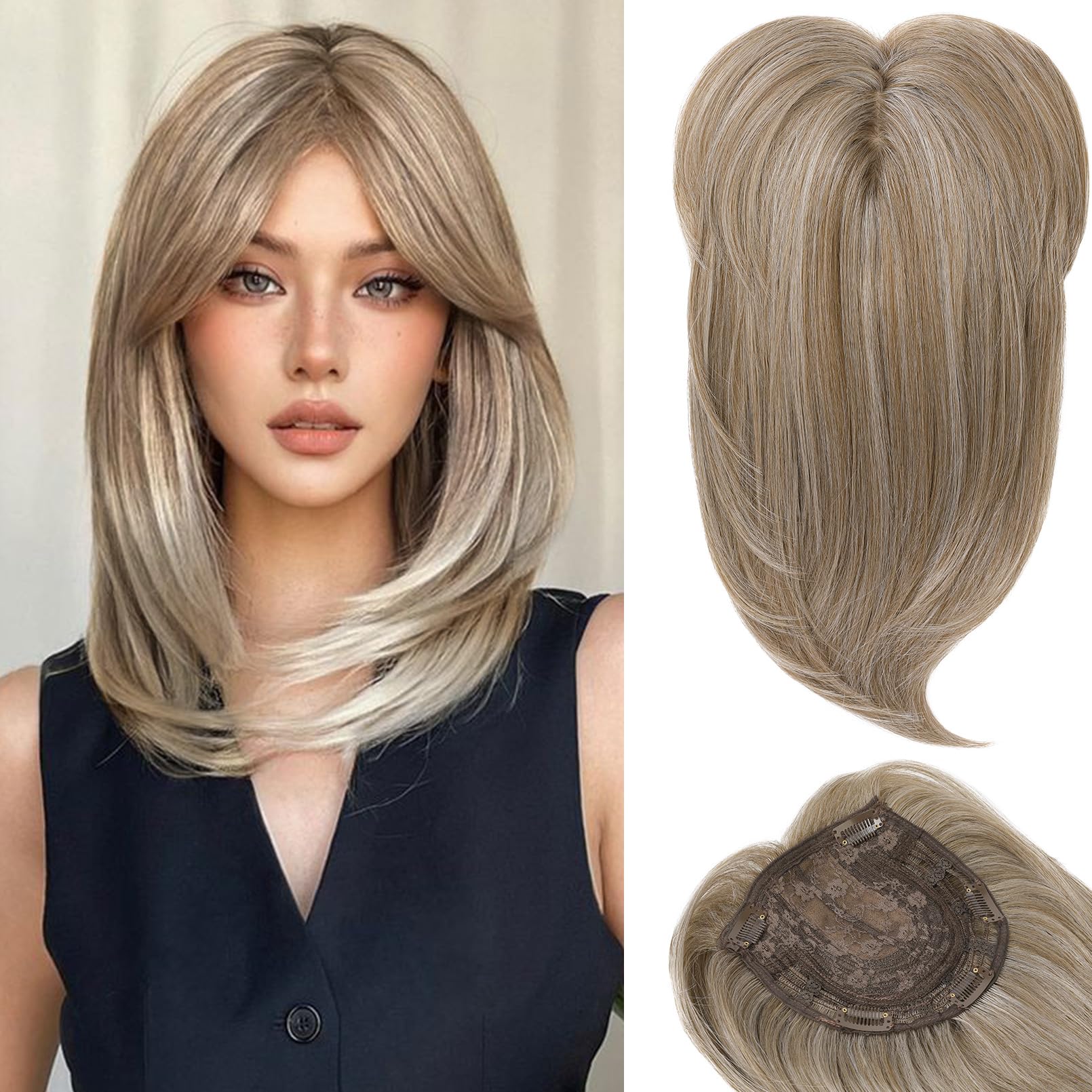 HOOJIH Hair Topper, Long Layered Hair Topper with Bangs for Women with Thinning Hair 14 Inch Slightly Curled Ends Wiglets Synthe