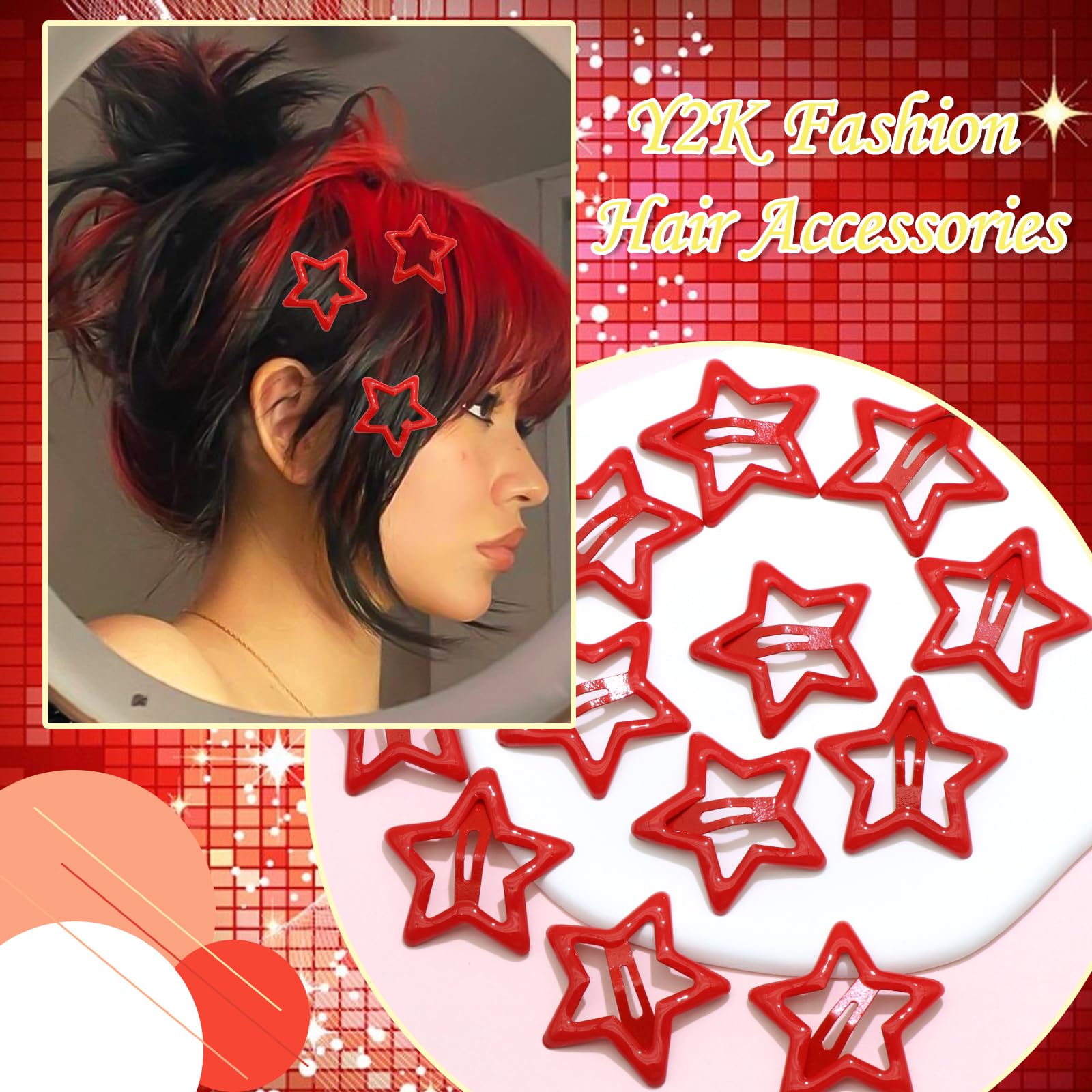 Naiska 12Pcs Red Star Hair Clips Metal Non-Slip Snap Hair Clips And Barrettes Y2K Halloween Party Star Hair Accessories For Wome