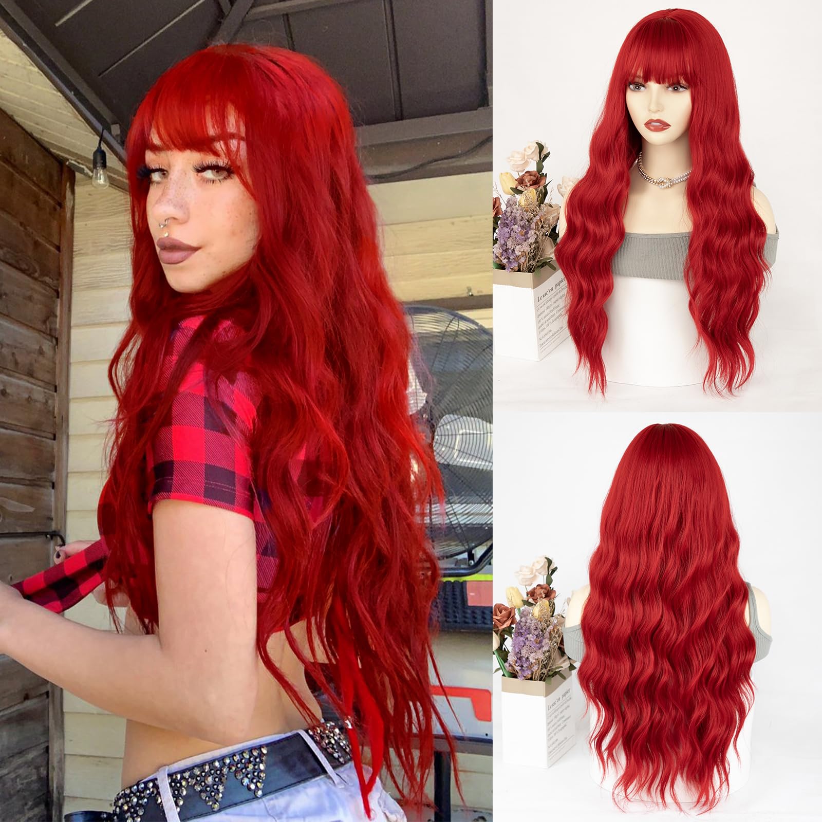 ENTRANCED STYLES Red Wig with Bangs Red Wigs for Women Synthetic Heat Resistant Fiber Wig Womens Wavy Wigs Long Curly Wig for Da