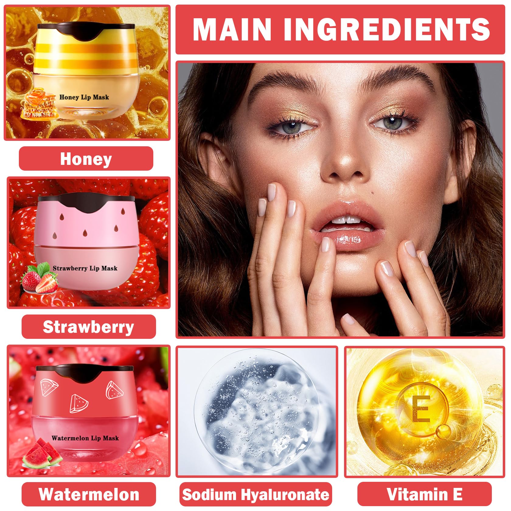 Xingxyuel 3Pcs Bee Lip Balm Honey Pot Honey Strawberry Watermelon Lip Balm Sleeping Lip Mask Silky Hydrating Bee Lip Balm Honey