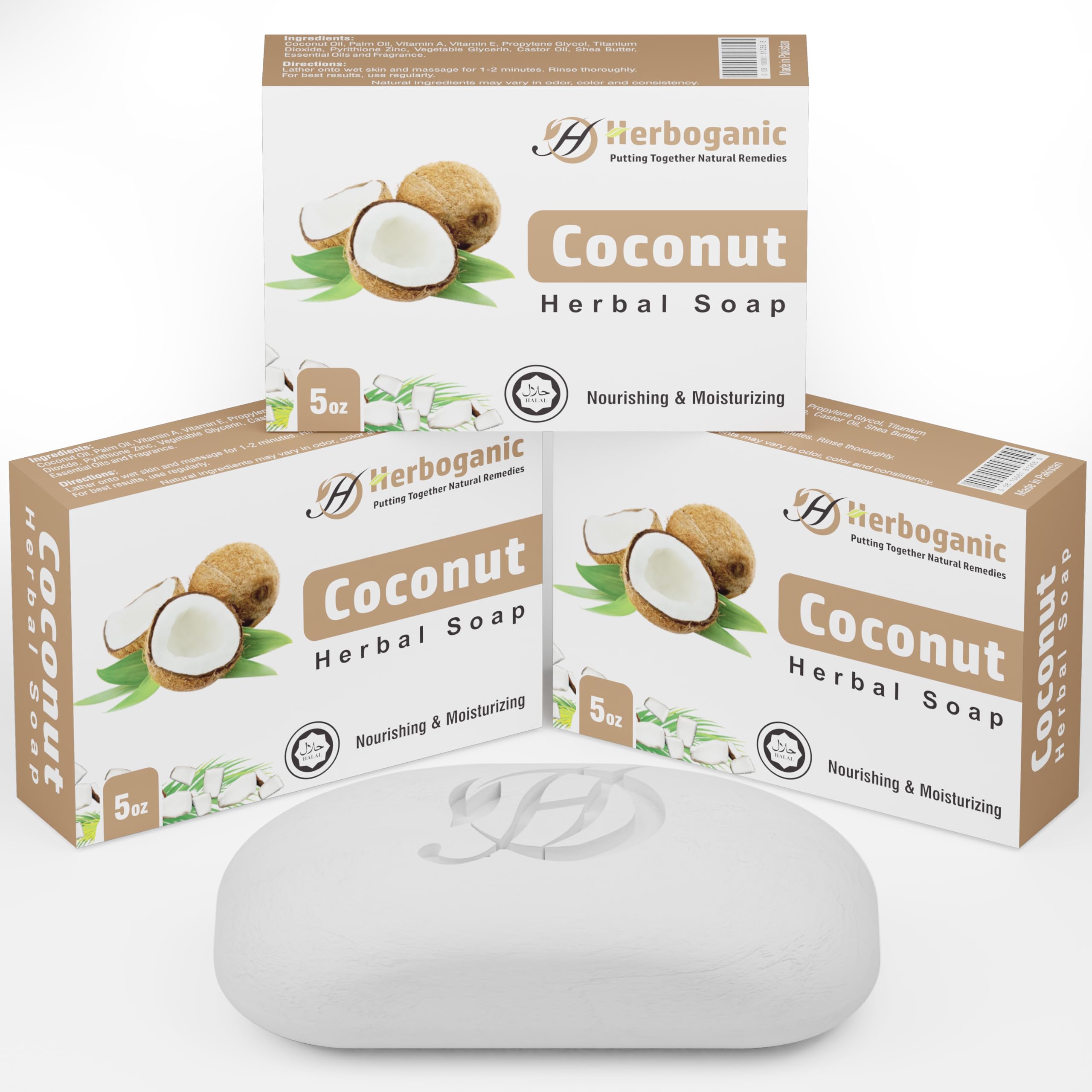 HERBOGANIC Coconut Herbal Soap | Pack of 3 of 5oz soap Bar | Natural Bar Soap for Face and Body | Hydrating and Nourishing | Sui