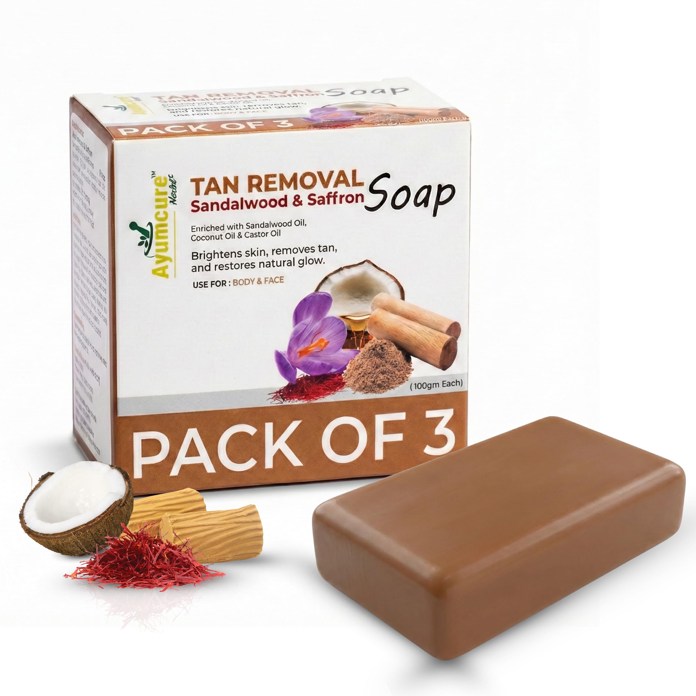 Ayumcure Tan Removal Soap With Sandalwood & Saffron | Brightening & Glow Care | Removes Tan & Dullness | Nourishes Skin | For Fa