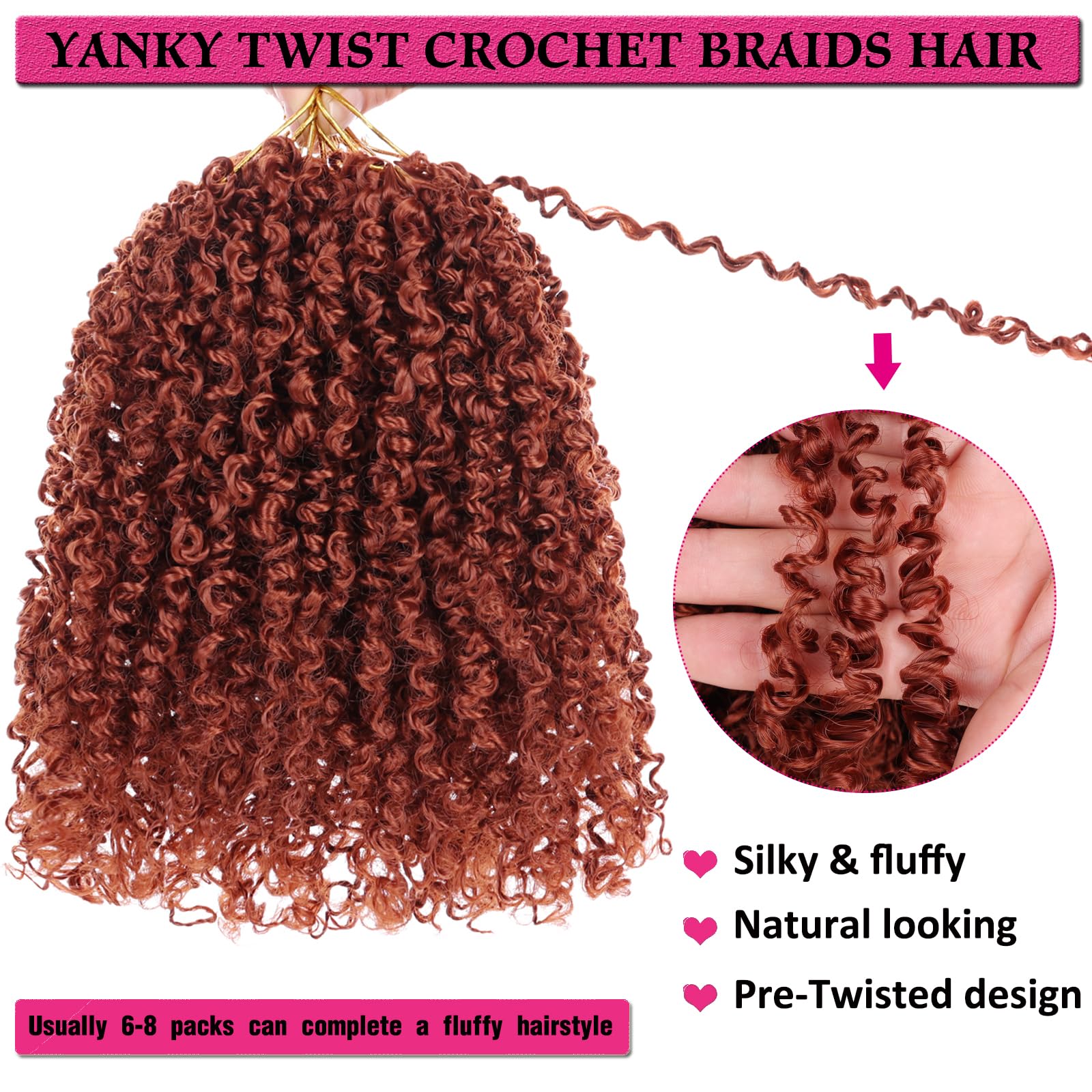 Unionbeauty 8 Inch 8 PCS Yanky Twist Crochet Hair Copper Red Pre-Twisted Passion Twist Crochet Braids Hair Ginger Synthetic Croc