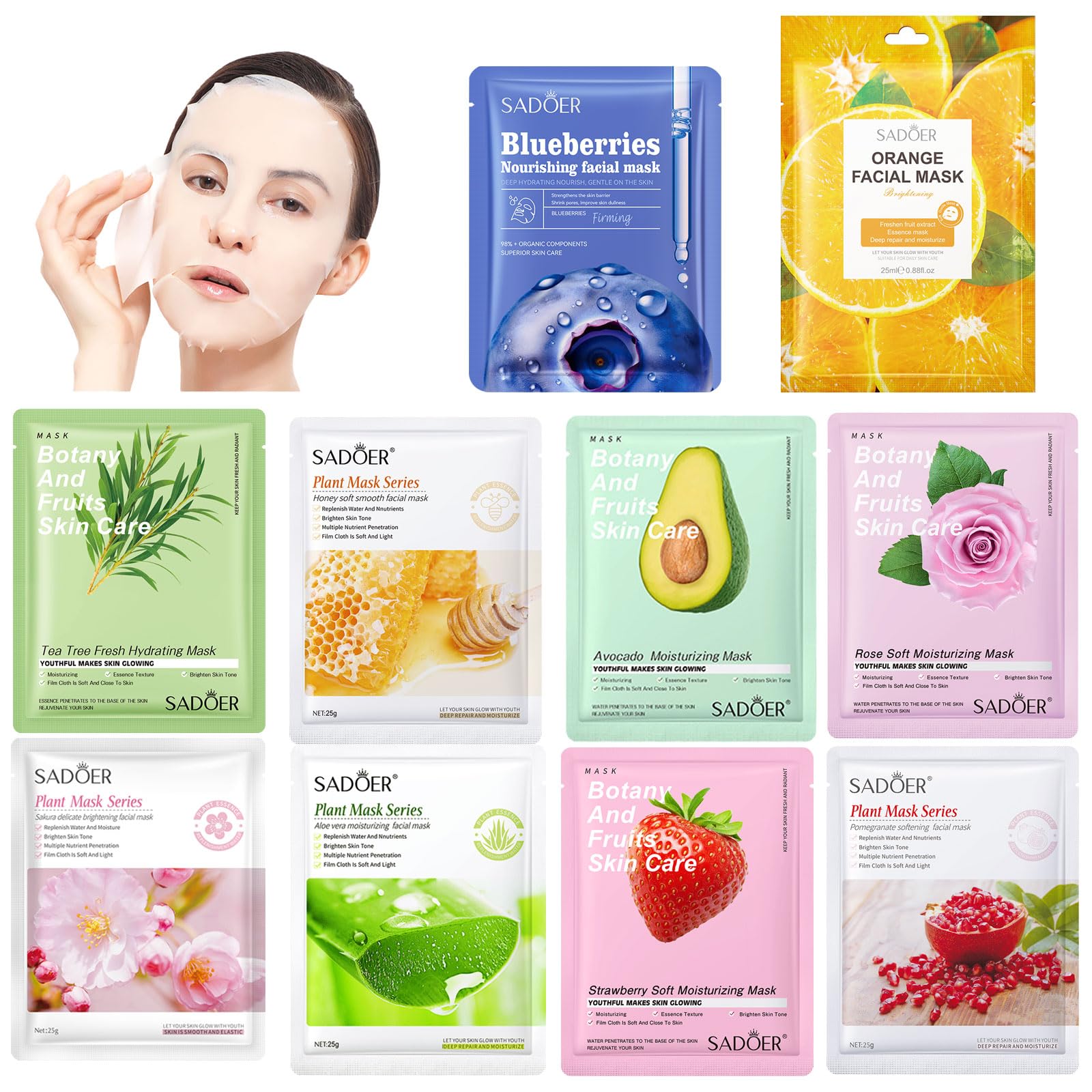YiJiaBa 10 Pack Variety Sheet Masks,Spa Party Face Masks for Kids Skin Care,Facial Mask Skincare Set Korean,Moisturize,Brighten,