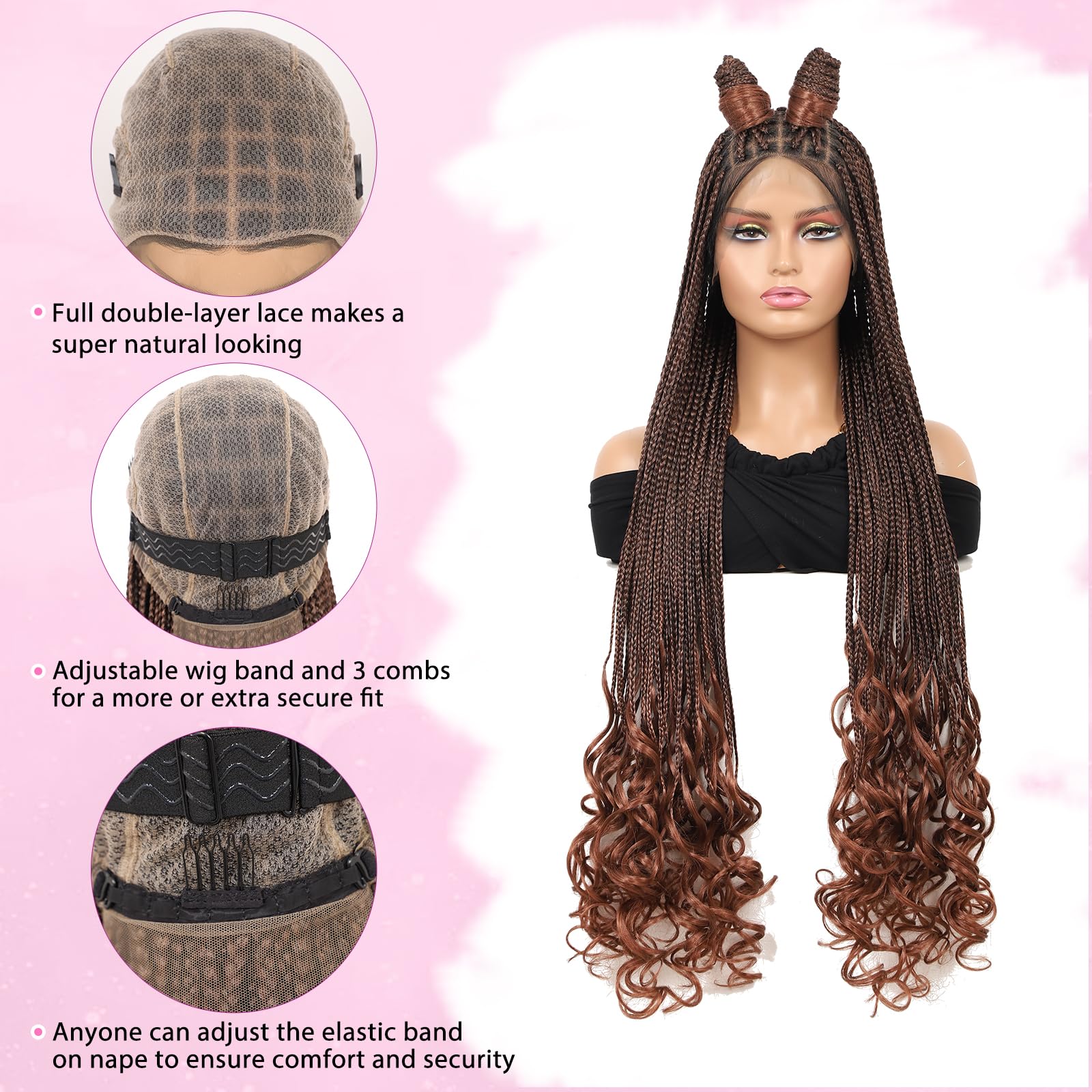 Kalyss Full Double Lace Front Knotless Braided Wigs For Women Box Braided Wig With Curly Ends Human Hair Blended Long Brown Brai