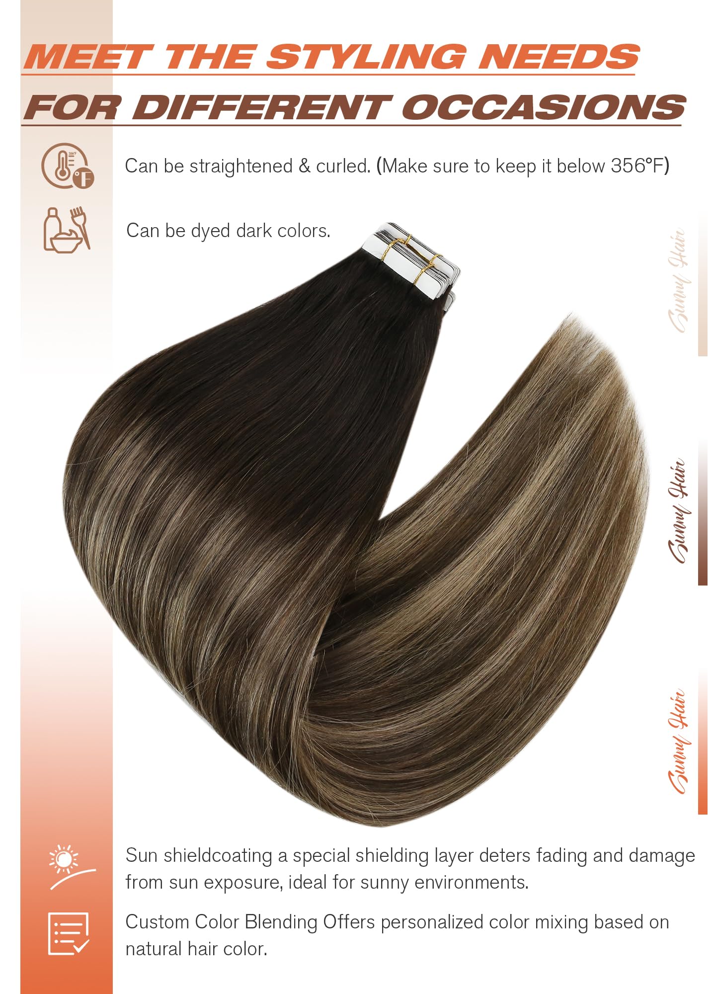 Sunny Hair Tape in Hair Extensions Real Human Hair Invisible Remy Hair Extensions Tape ins for Women Natural Black Ombre Dark Br