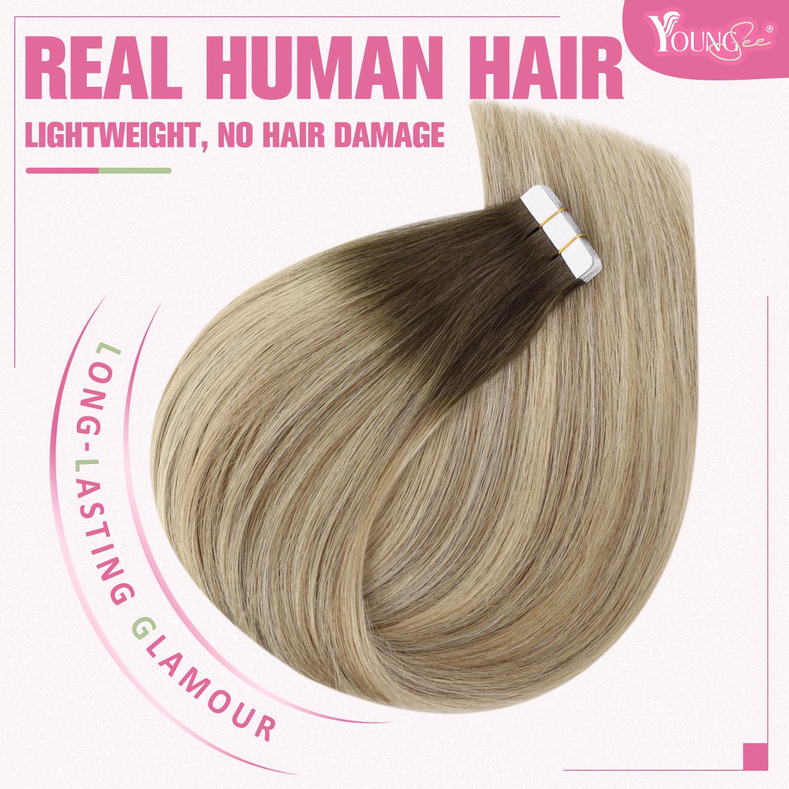 YoungSee Tape in Extensions Human Hair Balayage Brown Tape in Hair Extension Real Human Hair Brown Ombre Blonde Tape in Human Ha