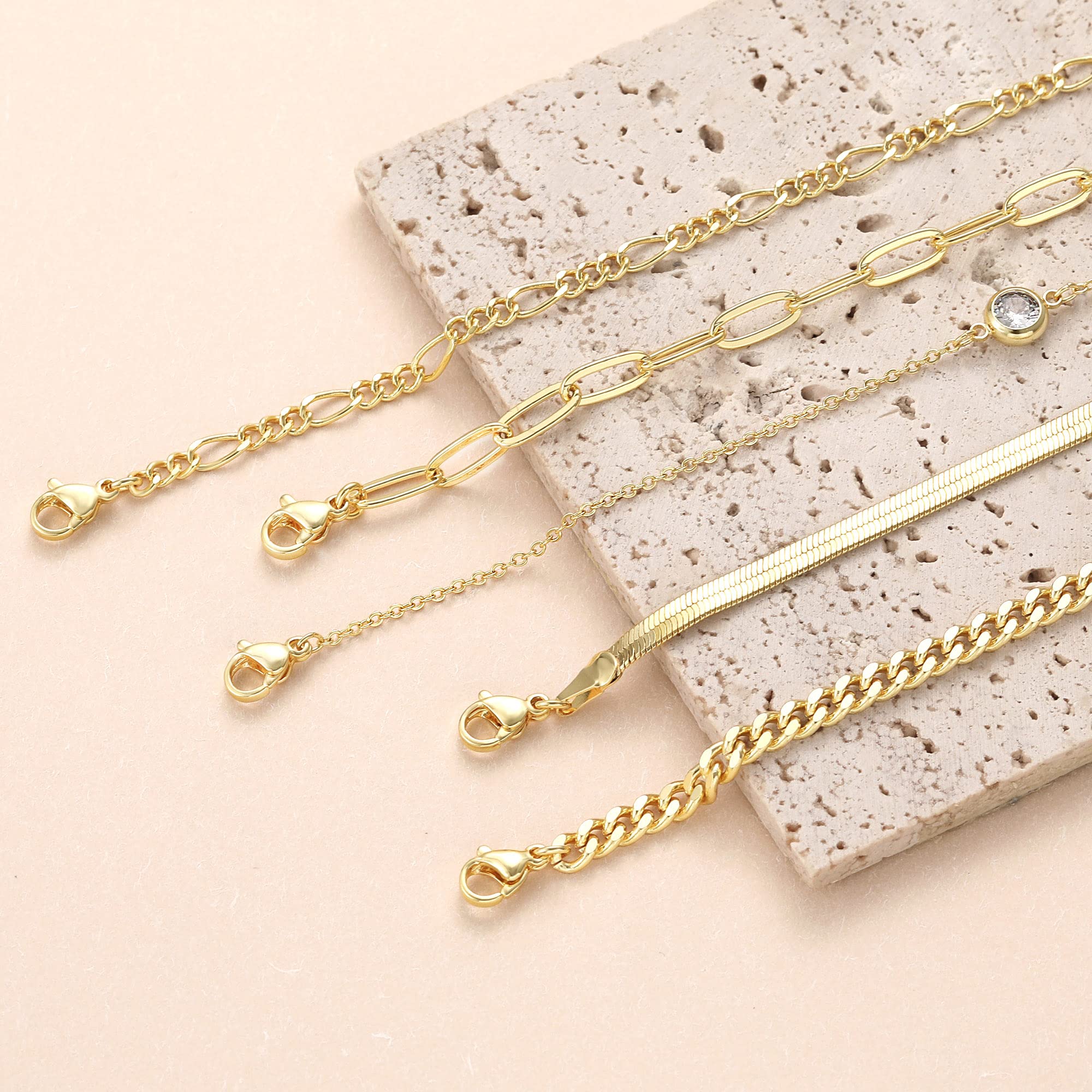 DEARMAY Gold Bracelets for Women, 14K Real Gold Jewelry Set for Women Cuban Link Beaded Chain Bracelets 18K Gold Plated Figaro P