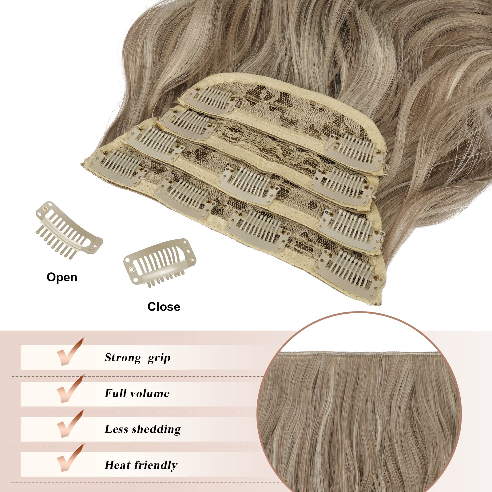 FESHFEN Clip in Hair Extensions - 4 PCS Long Wavy Thick Highlighted Clip in Hairpieces Full Head Synthetic Hair Extension for Wo
