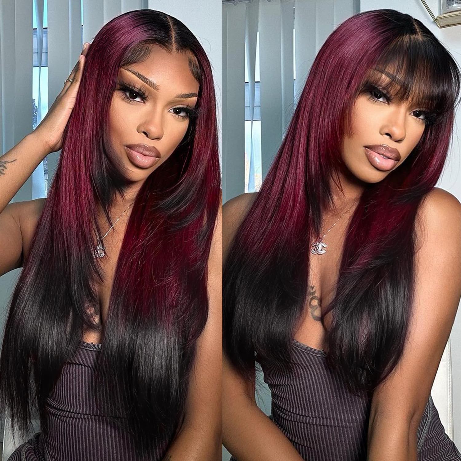 BrownBomb Ombre Red Black Wear and Go Glueless Wigs Pre Plucked Pre Cut for Beginners Synthetic Lace Front Wigs With Bangs Long 