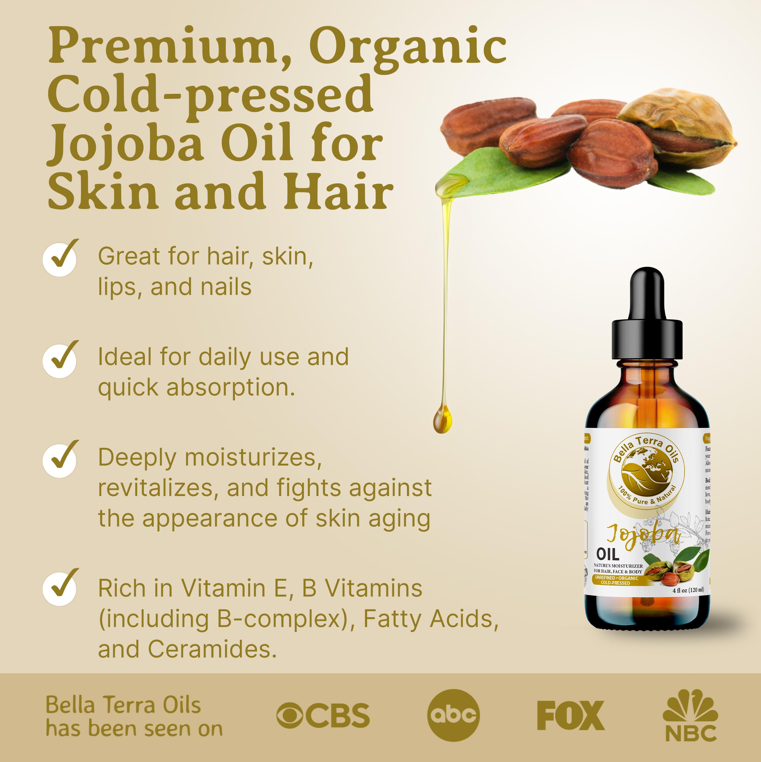 Bella Terra Oils - Organic Jojoba Oil 8oz - Embrace Organic Jojoba's Hydrating Potential, Rich in Essential Nutrients & Antioxid