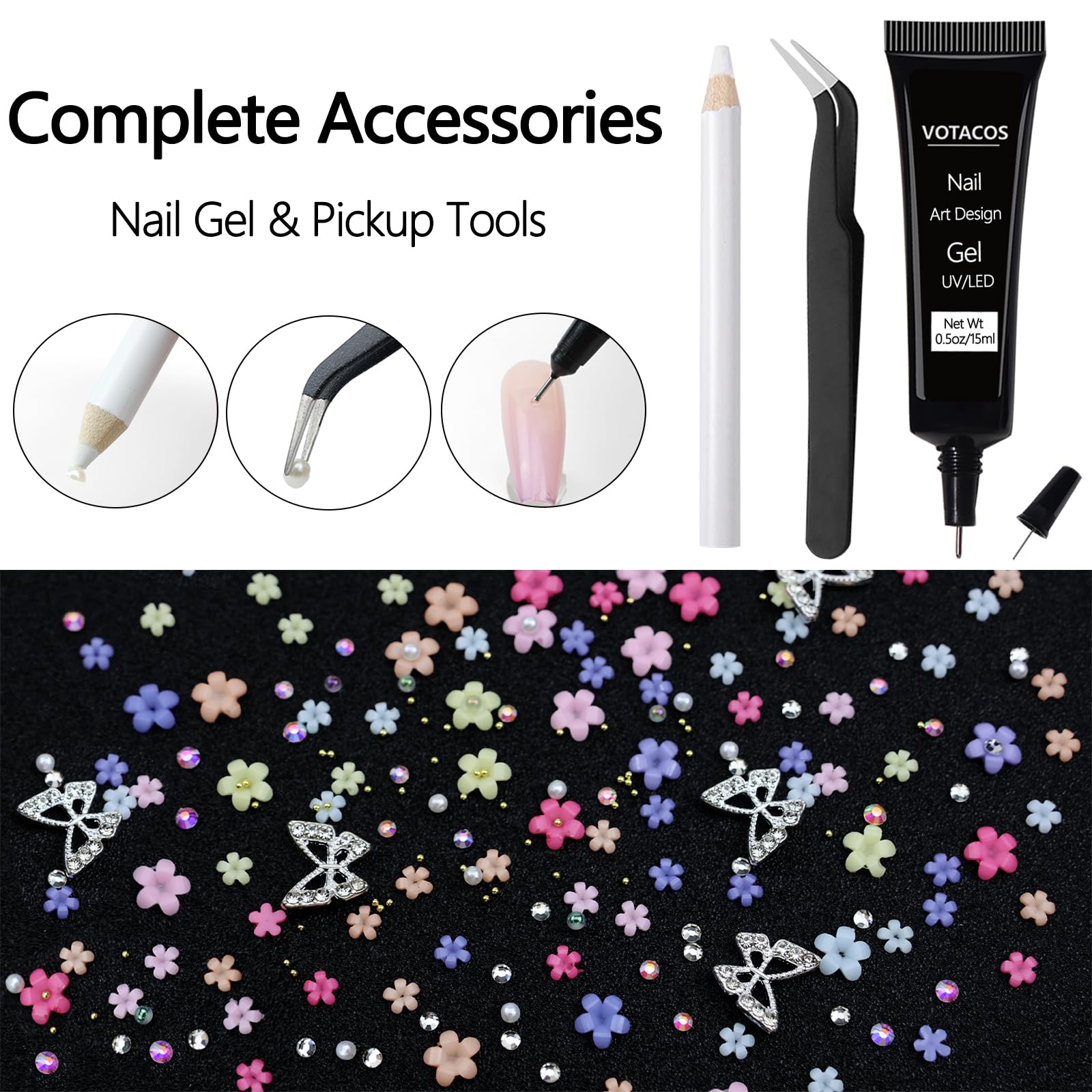 Votacos Nail Charms Rhinestones Colorful Nail Art Gems With Nail Glue Gel Flatback Pearls Nail Supplies Luxurious Crystal Ab Rhi