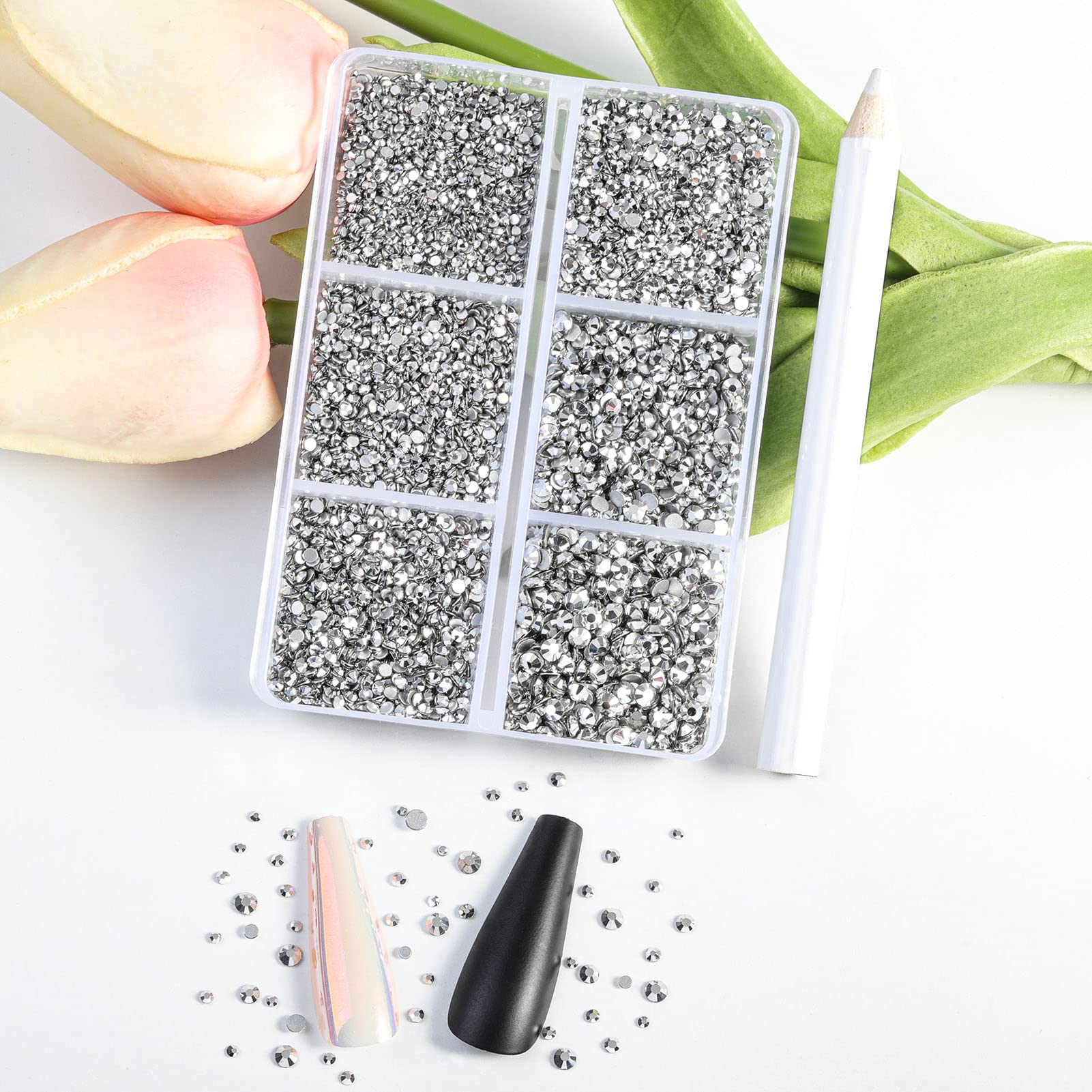 Beadsland 7200Pcs Flatback Rhinestones,Silver Rhinestones Nail Gems Round Crystal Rhinestones For Crafts,Mixed 6 Sizes With Wax