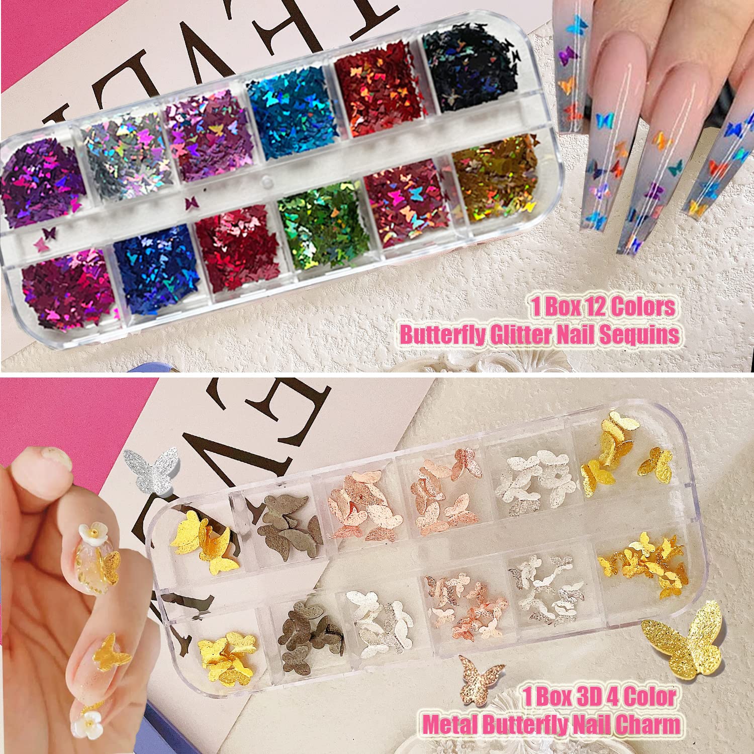 13 Sheets Nail Art Stickers,Nail Art Decoration Kit With 1100+ Pieces Nail Water Decals Crystal Rhinestones 3D Butterfly Nail Ar
