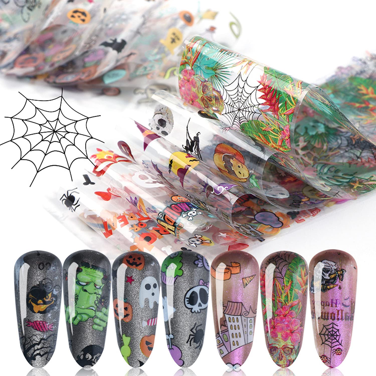 Halloween Nail Art Foil Transfers Stickers, Nail Art Supplies Pumpkin Spider Skull Bat Ghost Witch Pattern Nail Decal For Hallow