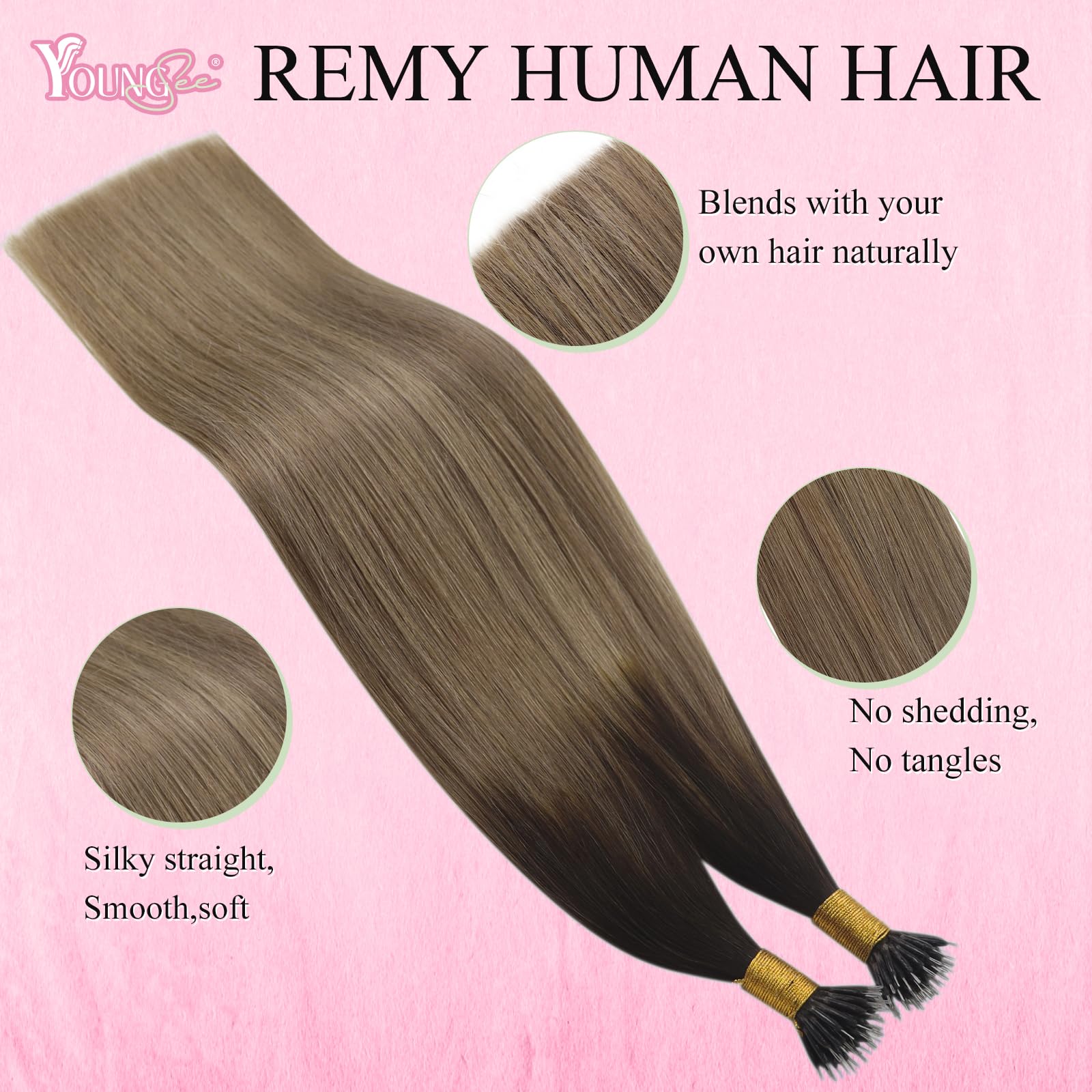 YoungSee Remy Ring Hair Extensions Balayage Dark Brown with Blonde Beads - Human Hair 24 Nano Link Extensions 1g/s 50g