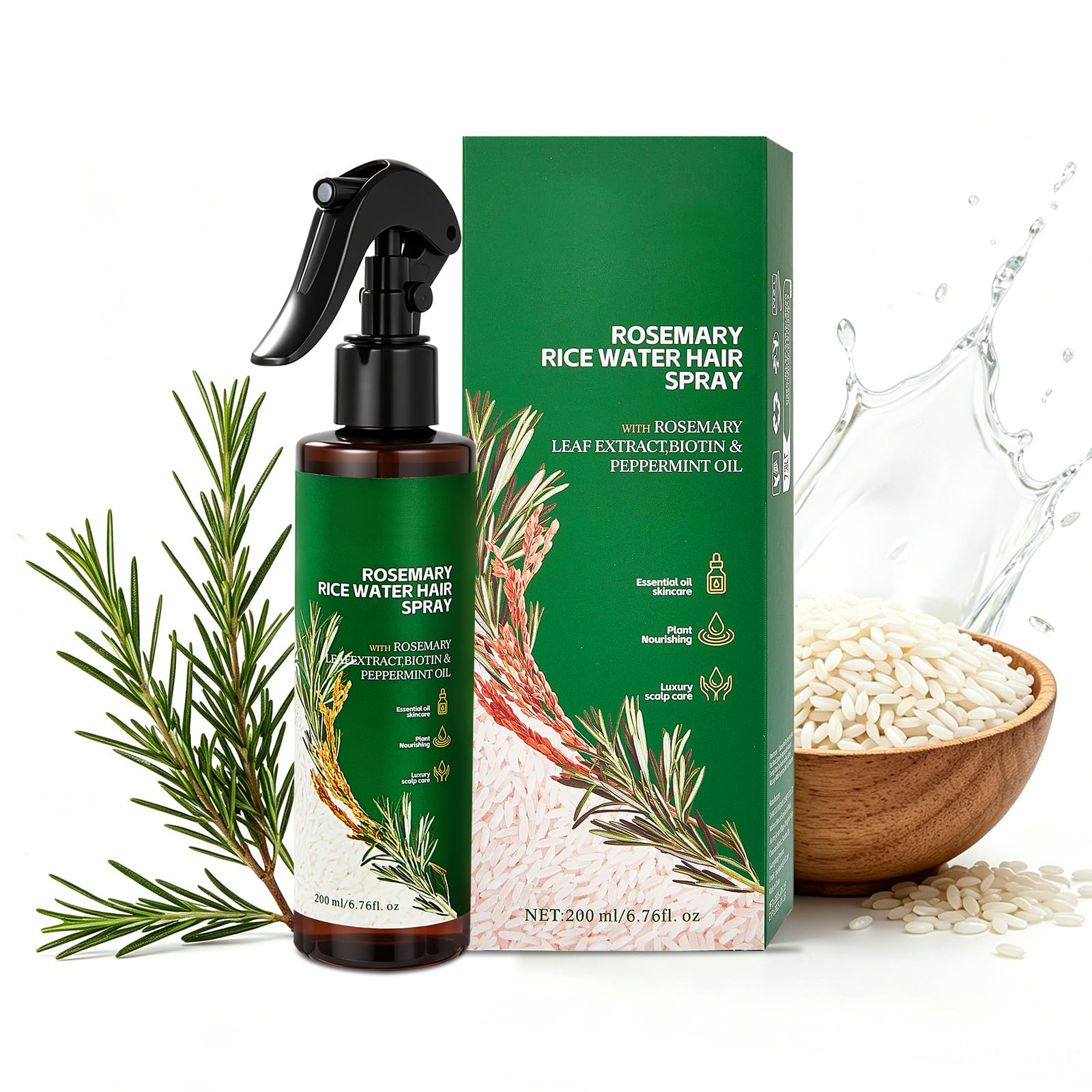 Rosemary and Rice Water Spary for Hair Growth with Rosemary Leaf Extract,Biotin and Peppermint Oil,Moisturises Scalp, Detangles