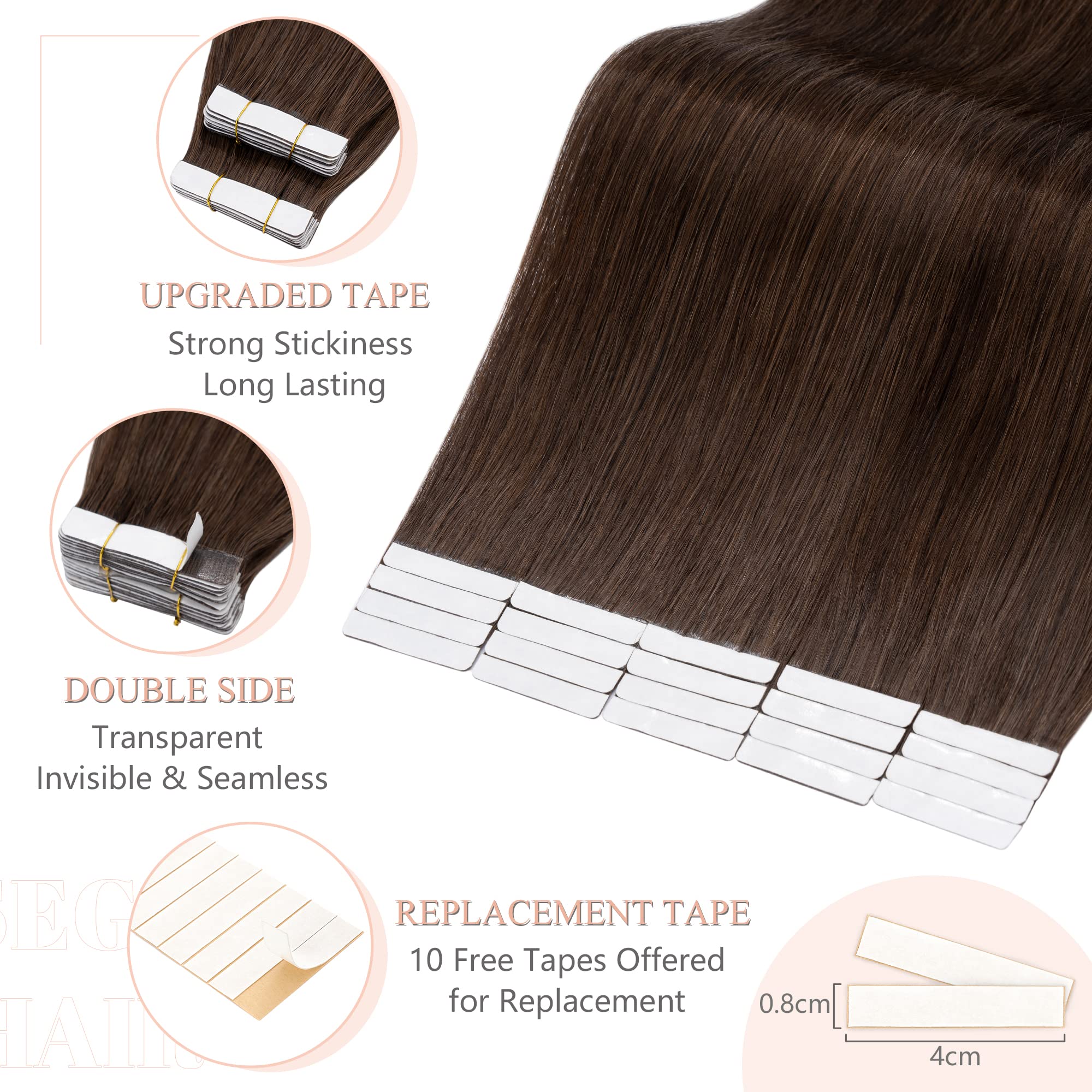 Sego 20 Inch Tape In Hair Extensions Human Hair 100G 40Pcs Straight Natural 100% Remy Rooted Seamless Skin Weft Invisible Double