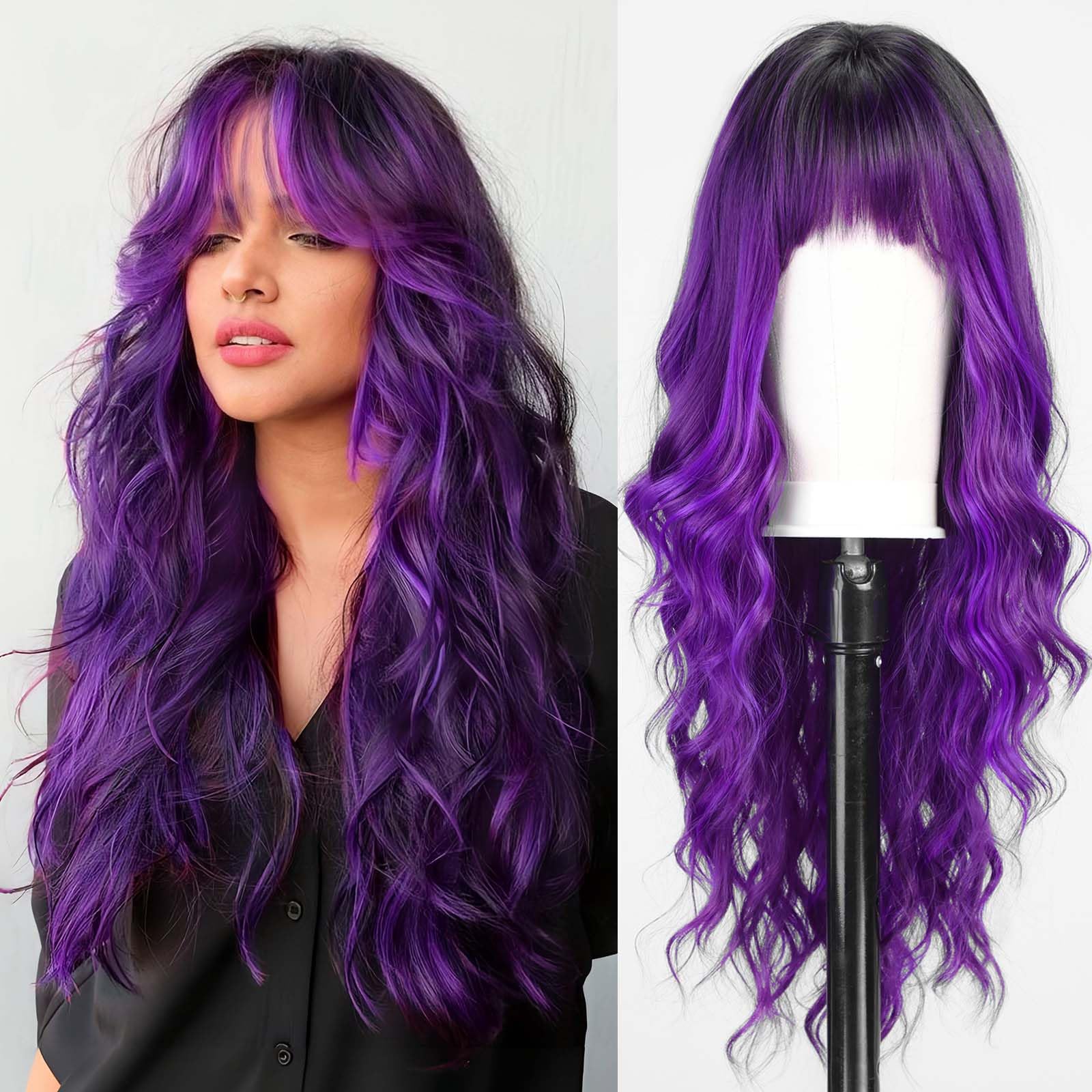 HAIRCUBE Purple Wig with Bangs for Women Brown and Blonde Long Wavy Hair Wig Wig Curly Wavy Synthetic Wigs for Girls Daily Party