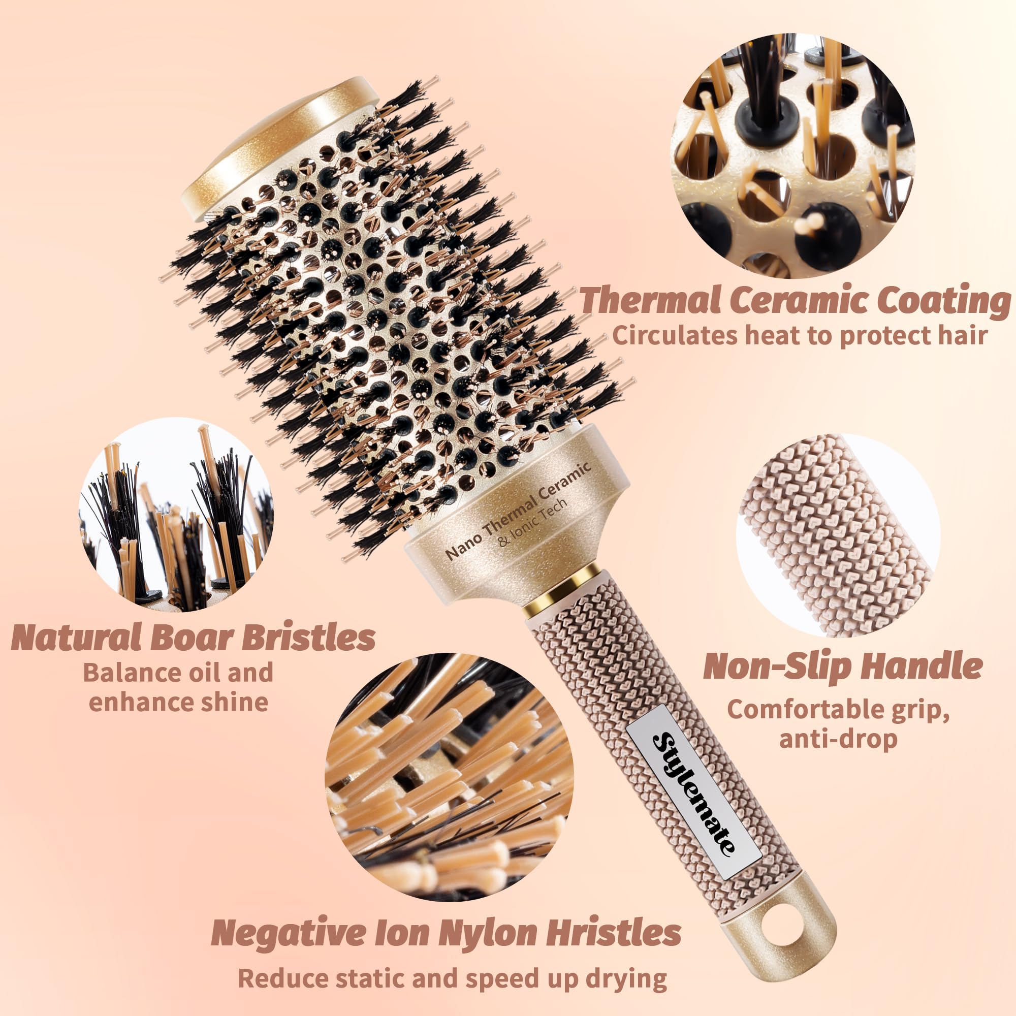 STYLEMATE Round Brush for Blow Out, Nano Thermal Ceramic & Ionic Tech, 2.1 Inch Barrel, Boar Bristles, Roller Brush for Blow Dry