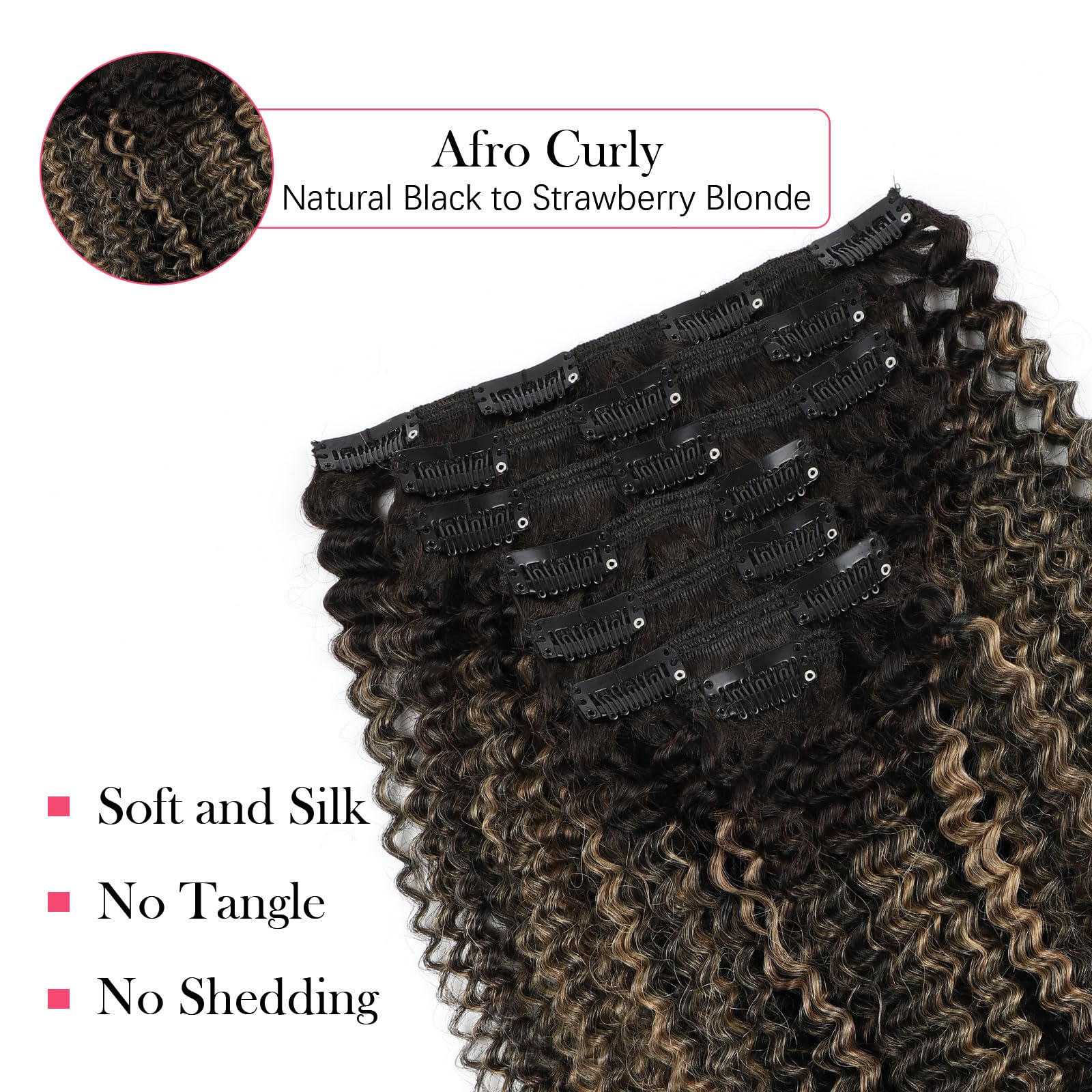 Sassina Afro Curly Clip In Human Hair Extensions For Black Women Natural Black To Strawberry Blonde Remy Clip In Hair Extensions