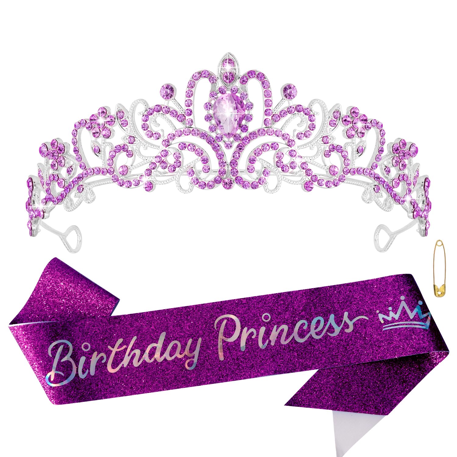Atoden Birthday Crown and Sash Set Birthday Girls Purple Princess Tiara Queen Crowns Crystal Tiara Women Rhinestone Tiara Birthd