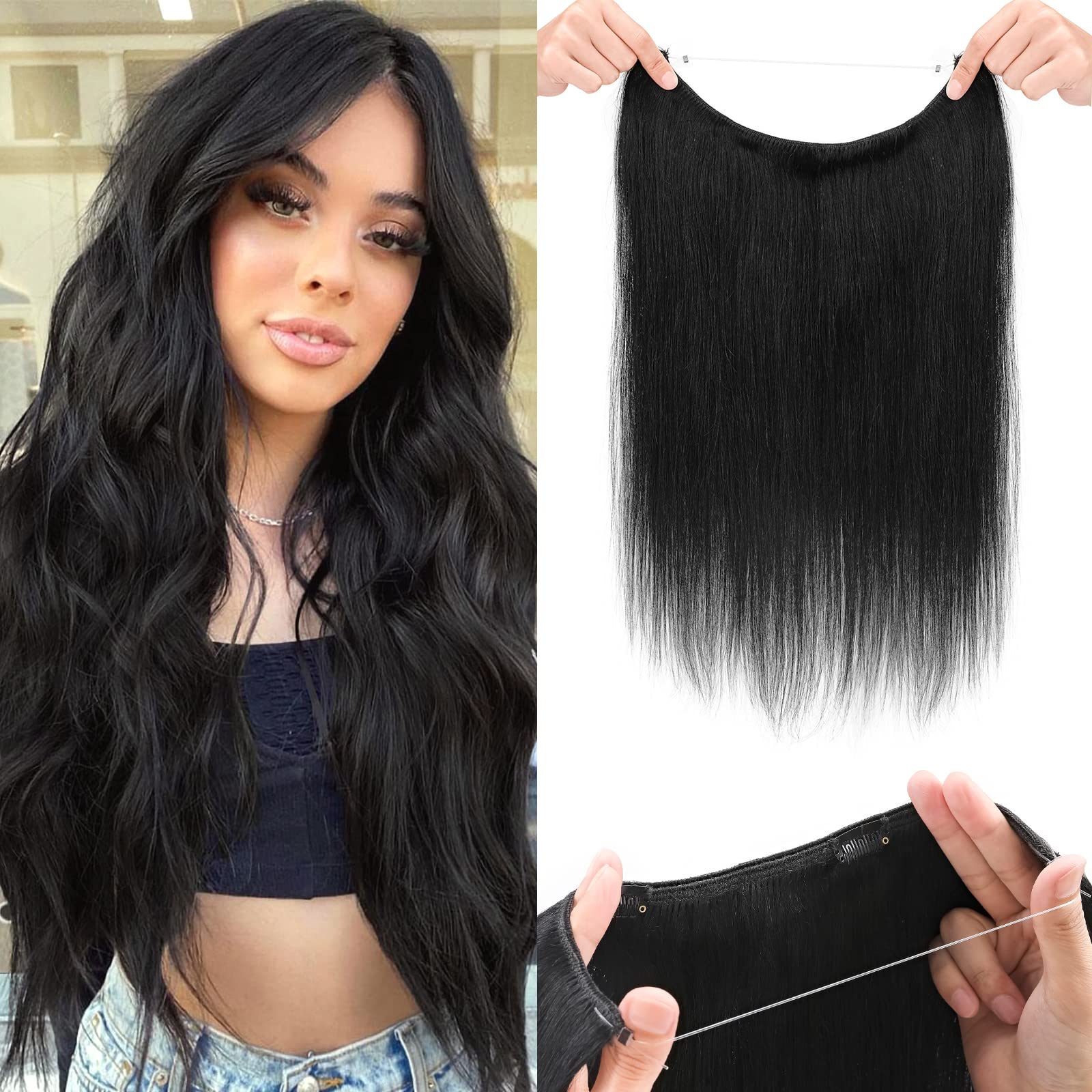 Benehair Blonde Wire Hair Extension For Women 100% Human Hair Straight Seamless Natural No Tape No Glue Invisible Hair Extension