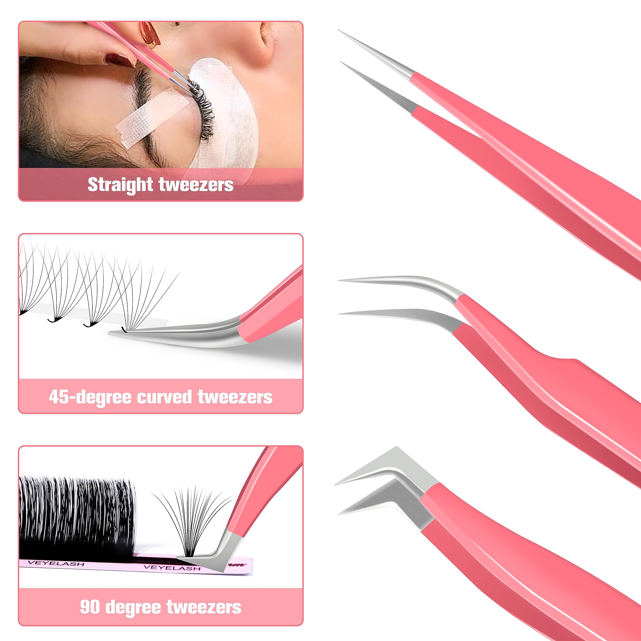 Veyes Inc Lash Tweezers For Eyelash Extensions. Fiber Tip Tweezers Kit Contains Isolation,Curved And Volume Lash Tweezers (3Pcs)