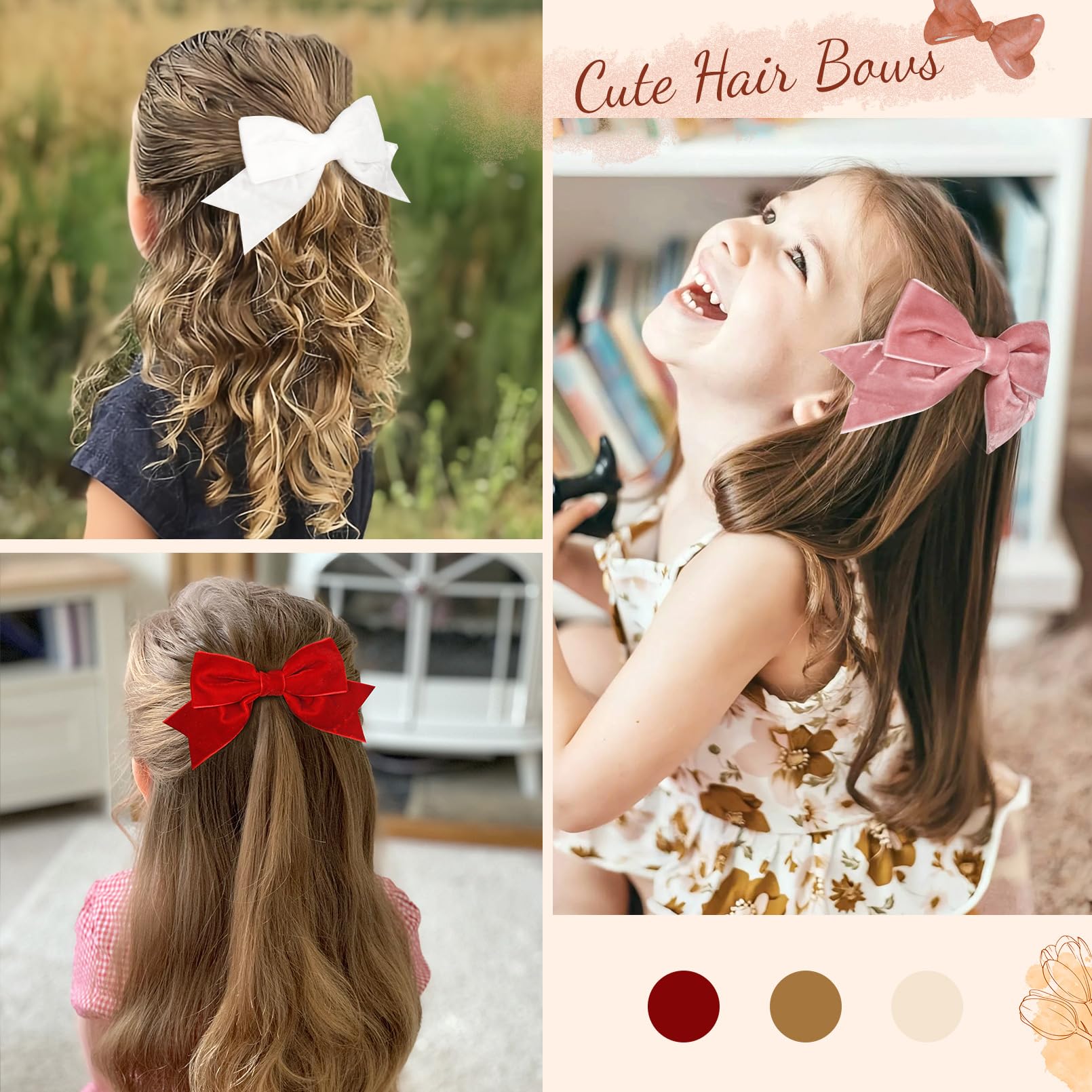 6Pcs Velvet Hair Bows Hair Ribbon Clips Big Fall Alligator Clips Hair Accessories For Women Girls Toddlers Kids Baby
