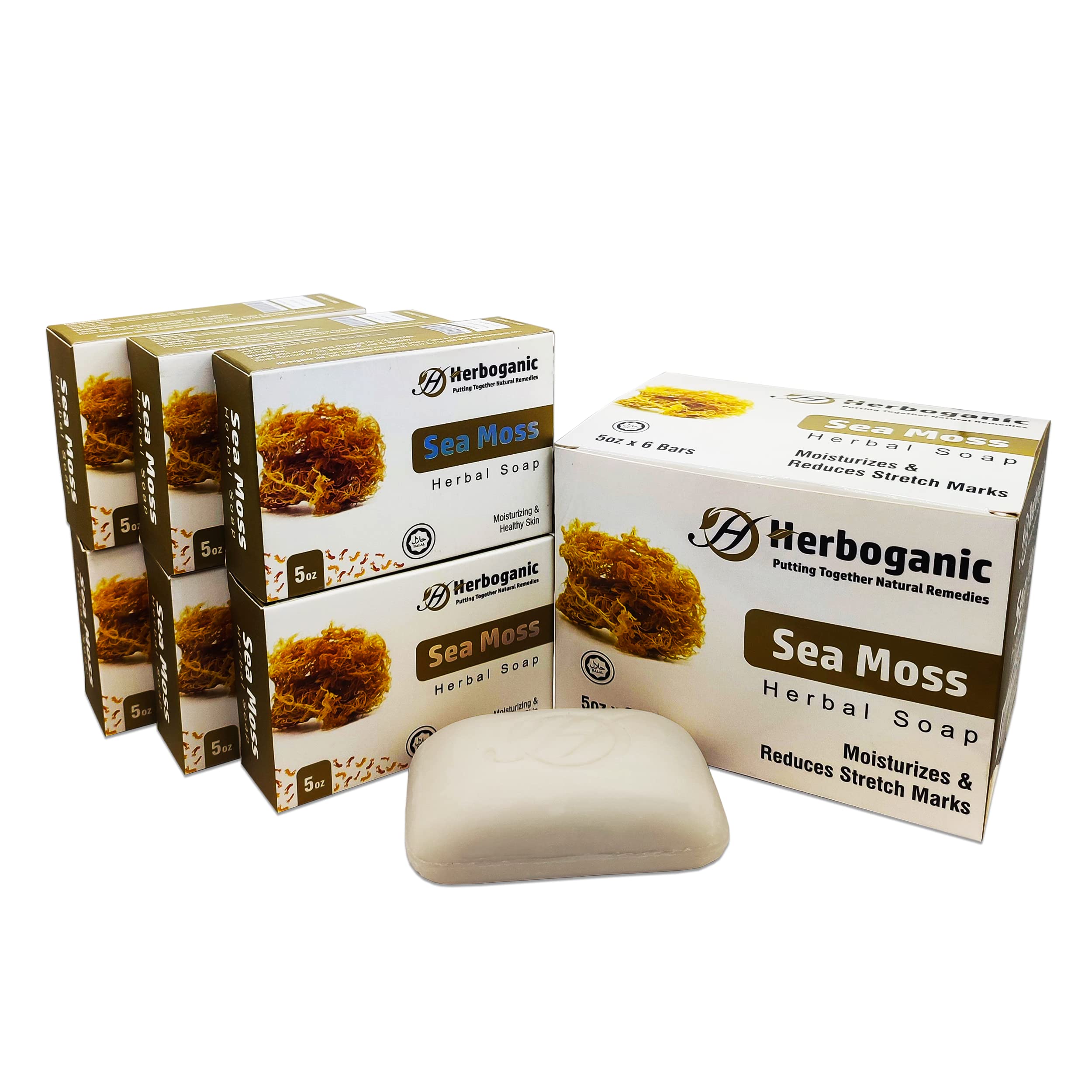 HERBOGANIC Sea Moss Herbal Soap | Pack of 6 of 5oz soap Bar | Ideal for Men and Women, Soothing and Nourishing Soap for Moisturi