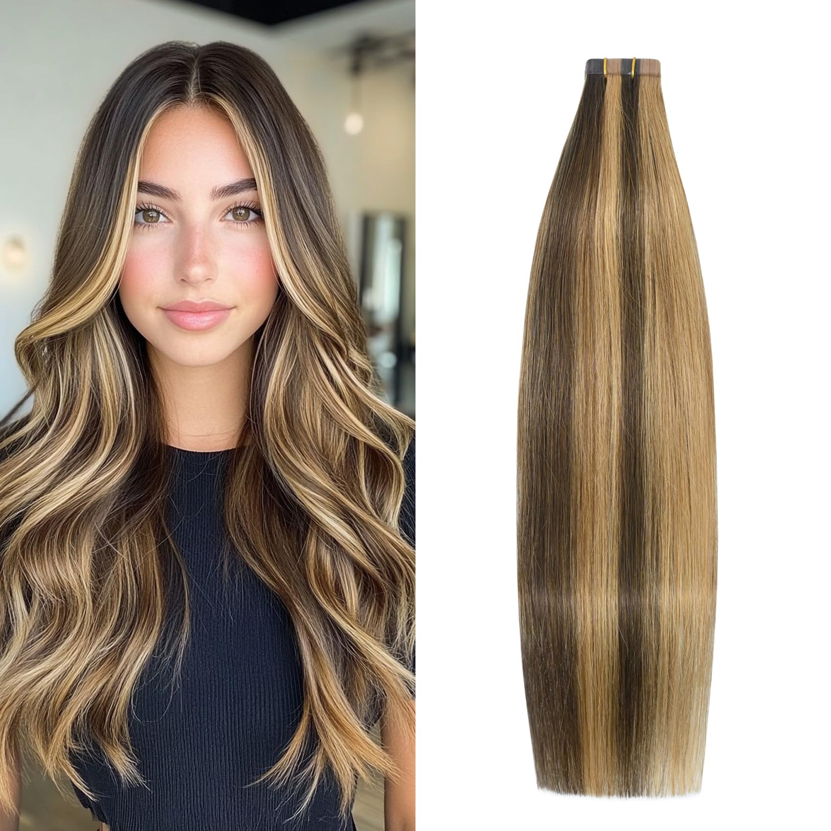 Aison Medium Brown/Dark Blonde Tape in Hair Extensions Human Hair 100% Remy Human Hair Extensions Straight 20 Pcs/Package 14Inch