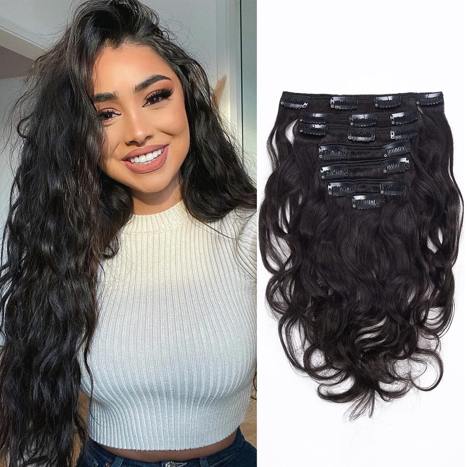 Caliee 22Inch Natural Black Curly Clip in Hair Extensions Natural Wave Curly Virgin Human Hair Brazilian Hair Extensions for Bla