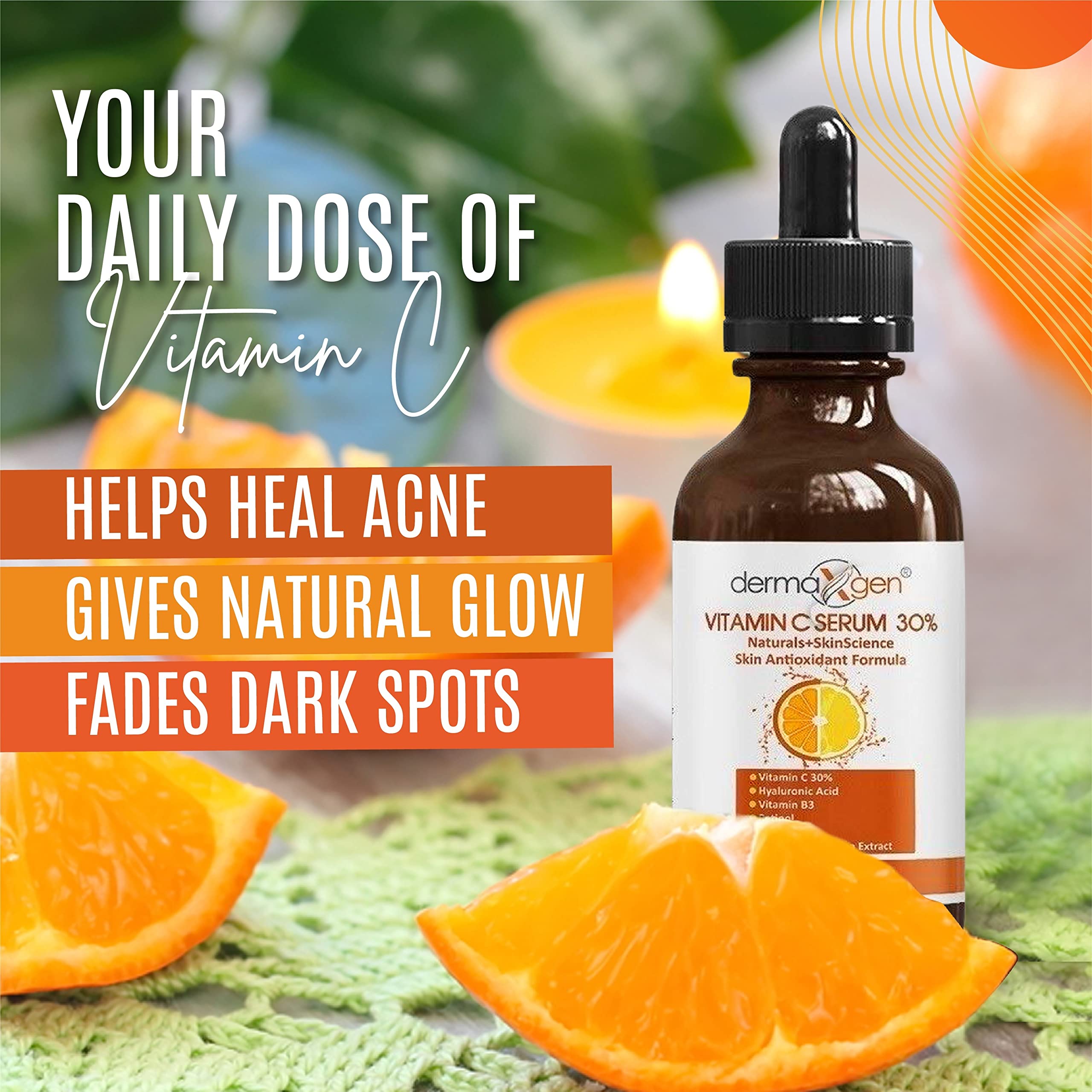 Dermaxgen 30% Vitamin C Serum For Face, Hyaluronic Acid & Vitamin E - Natural & Organic Anti Wrinkle & Skin Rejuvenator Moisturi