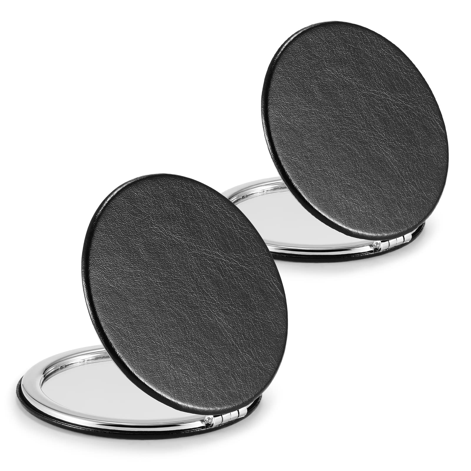Getinbulk Compact Mirror,Set Of 2 Round Double-Sided Makeup Small Mirror For Purse With 1X/3X Magnification Pu Leather (Black, 2