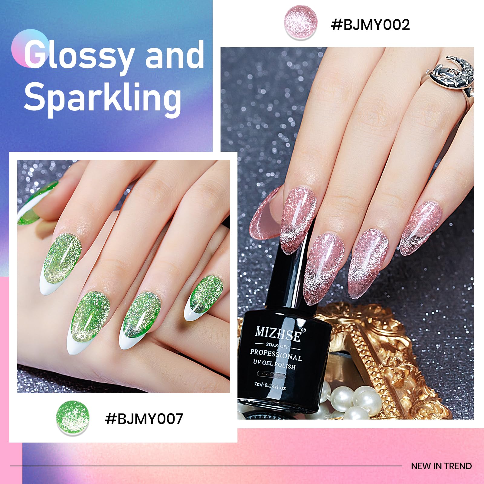 Mizhse Magnetic Gel Nail Polish, Platinum Glitter Cat Eye Gel Nail Polish Set 8 Colors With Magnet Stick, Sparkle Cateye Nail Ge