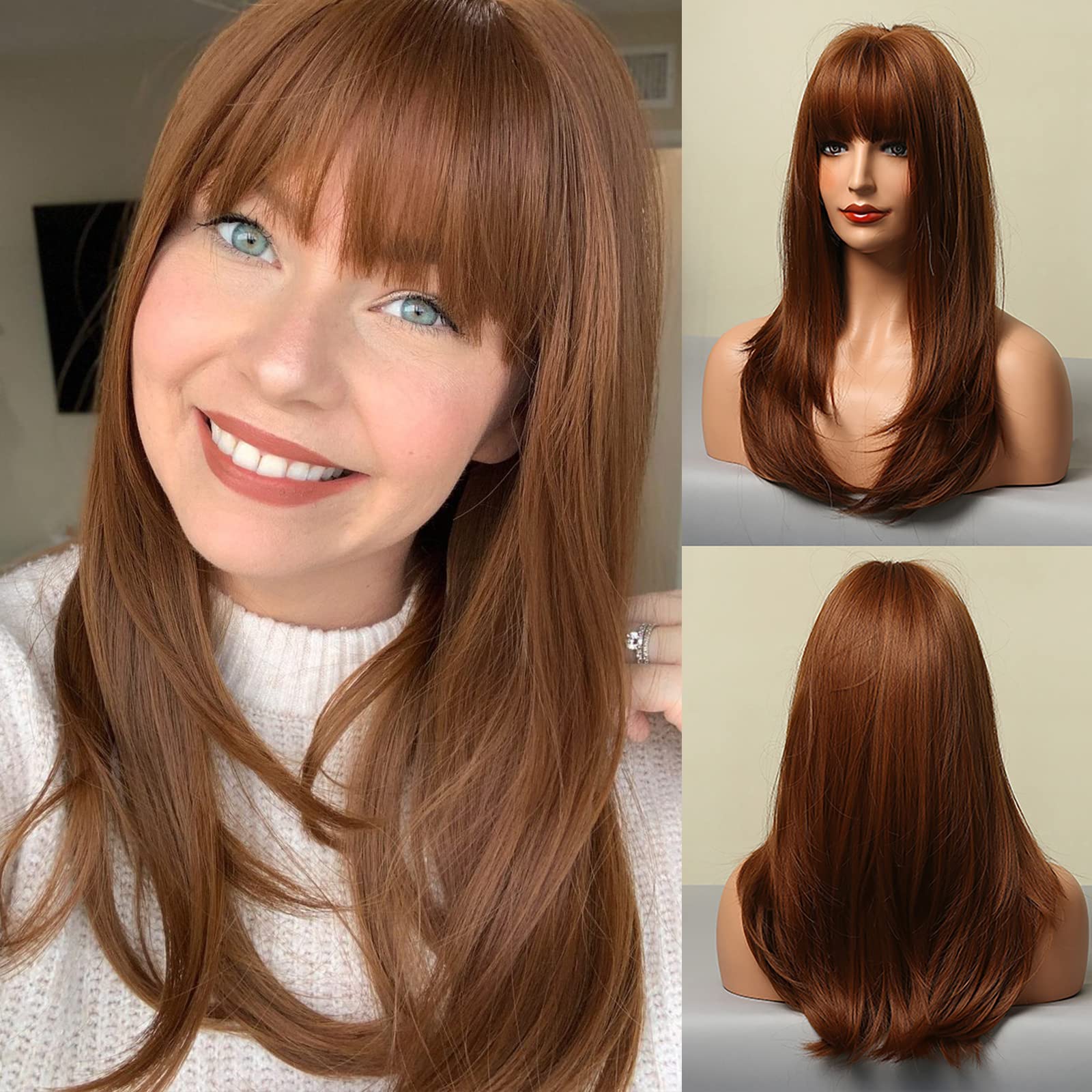 HAIRCUBE Reddish Brown Wigs for Women Long Straight Red Wigs with Bangs Heat Resistant Fiber Synthetic Wigs Daily Natural lookin