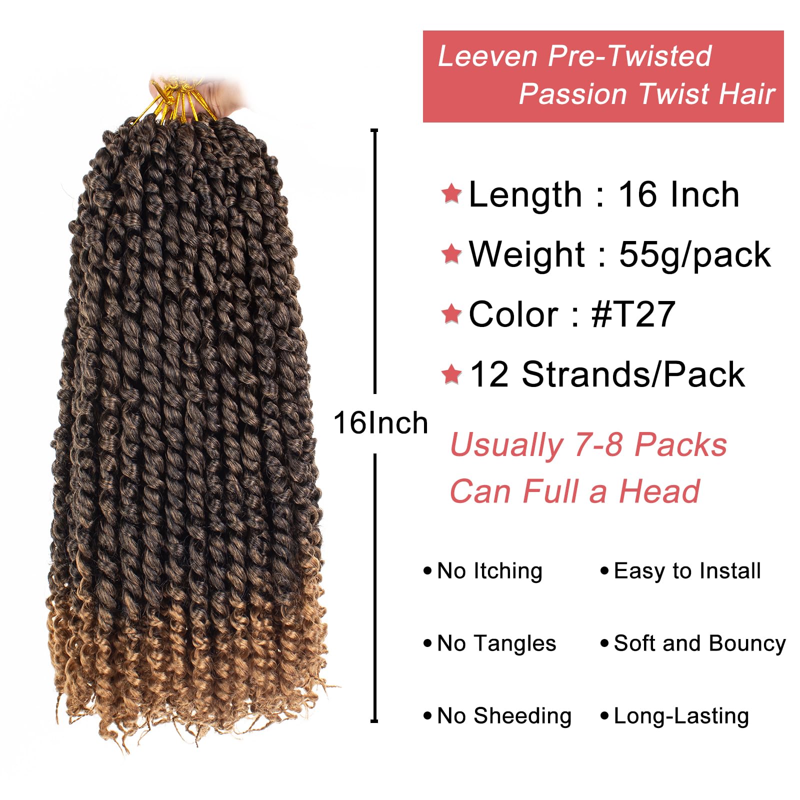 Leeven 16 Inch Pretwisted Passion Twist Hair 8 Packs Ombre Honey Blonde Pre Looped Corchet Braids For Women Bohemian Synthetic H
