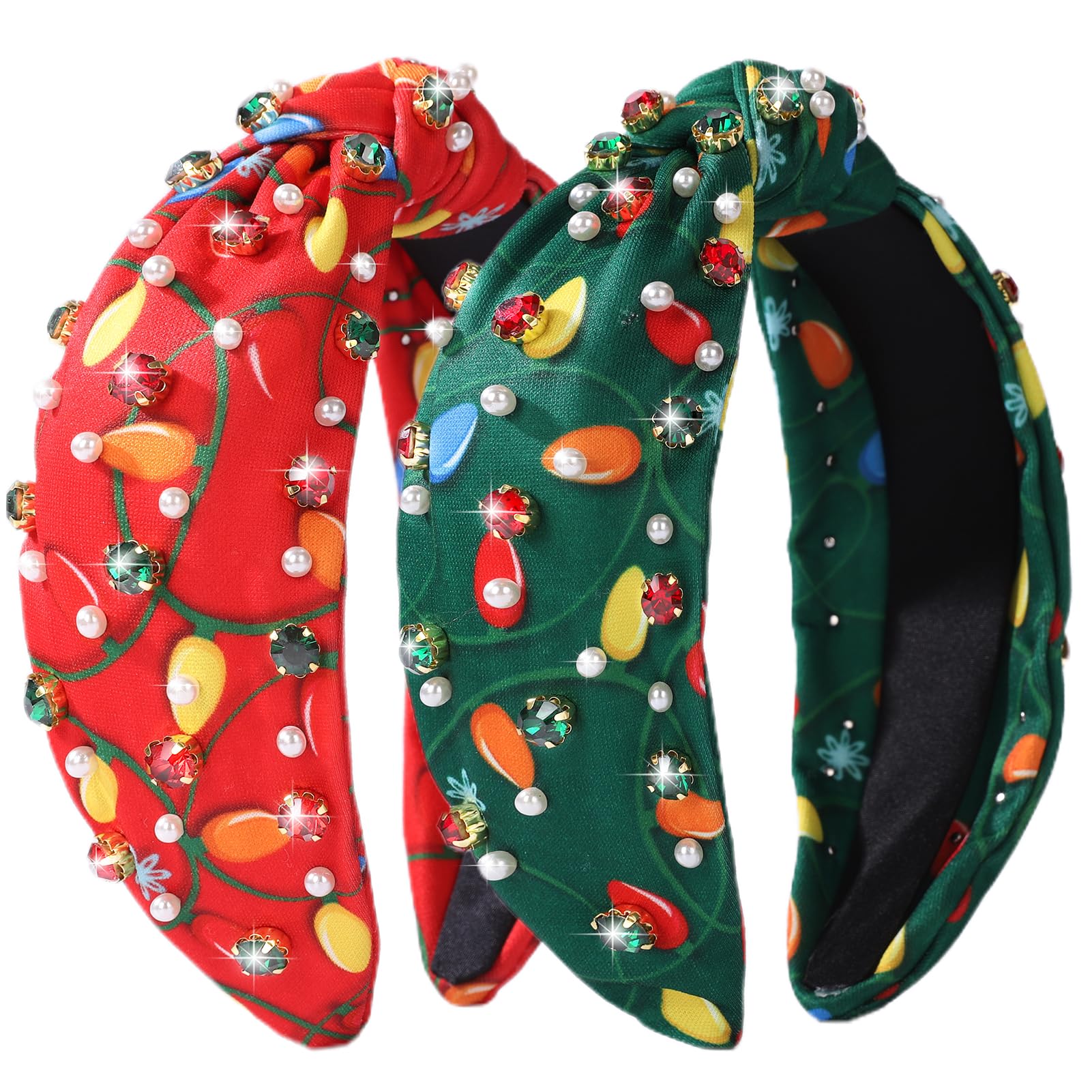 winthrop 2 Pack Christmas Headbands for Women, Red Green High Crown Knot Headbands with Christmas Light String Pattern Pearls Rh