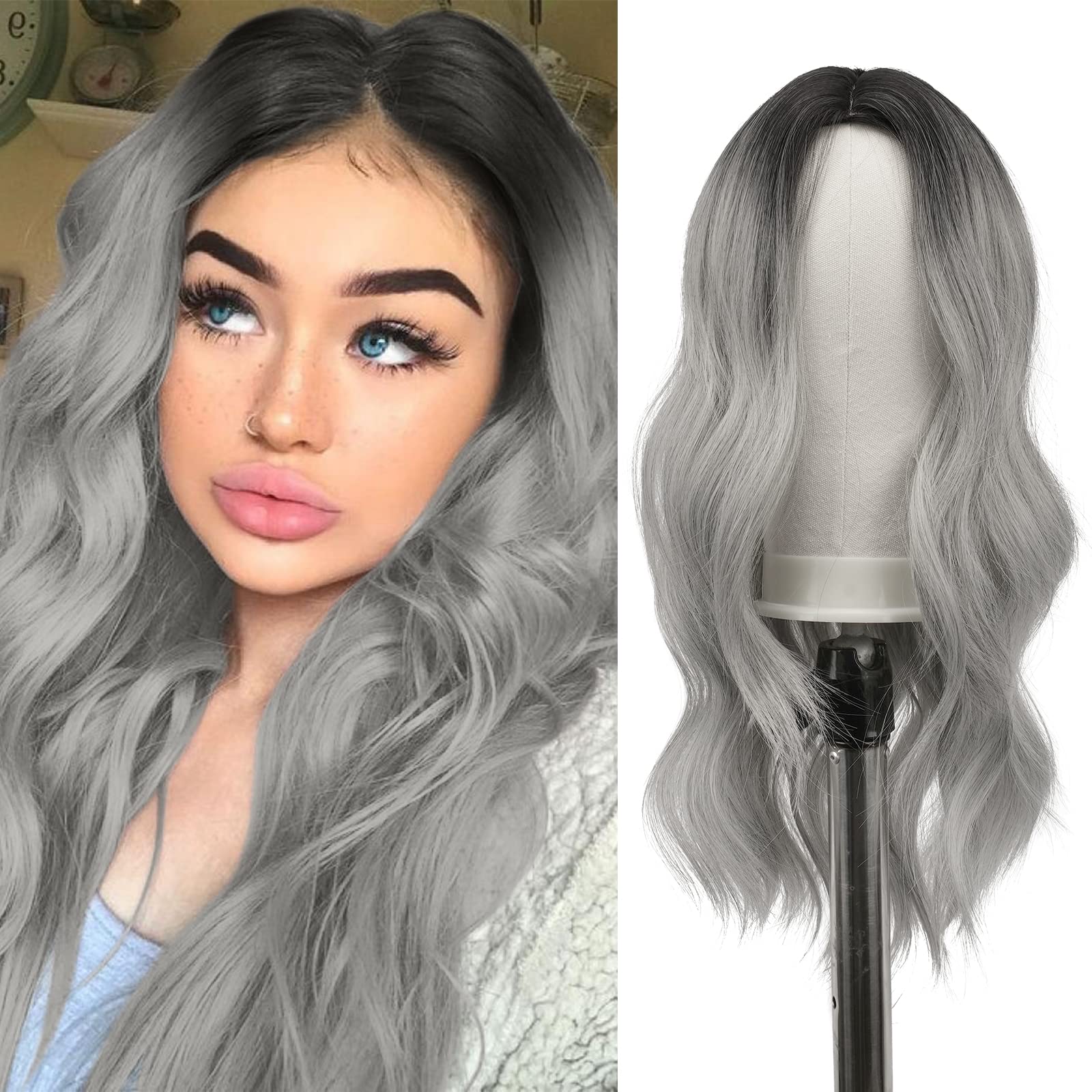 FESHFEN Long Ombre Gray Wigs for Women 22 inch Black Root to Grey Long Wavy Full Wig Middle Parting Wigs Natural Looking Synthet