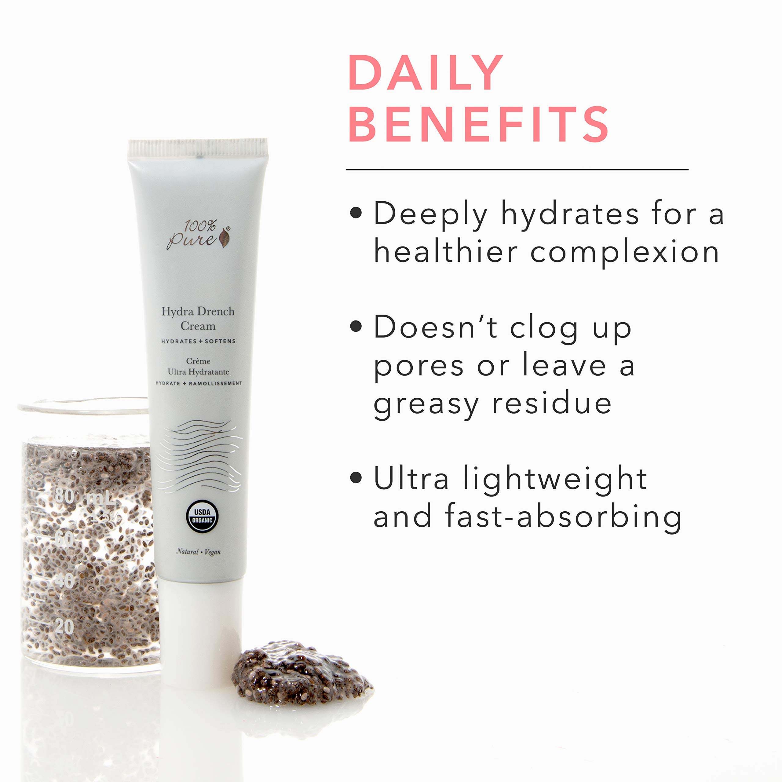 100% Pure Hydra Drench Cream, Daily Face Moisturizer With Hyaluronic Acid, Rose Water, Skin Care For All Skin Types, Natural Fac