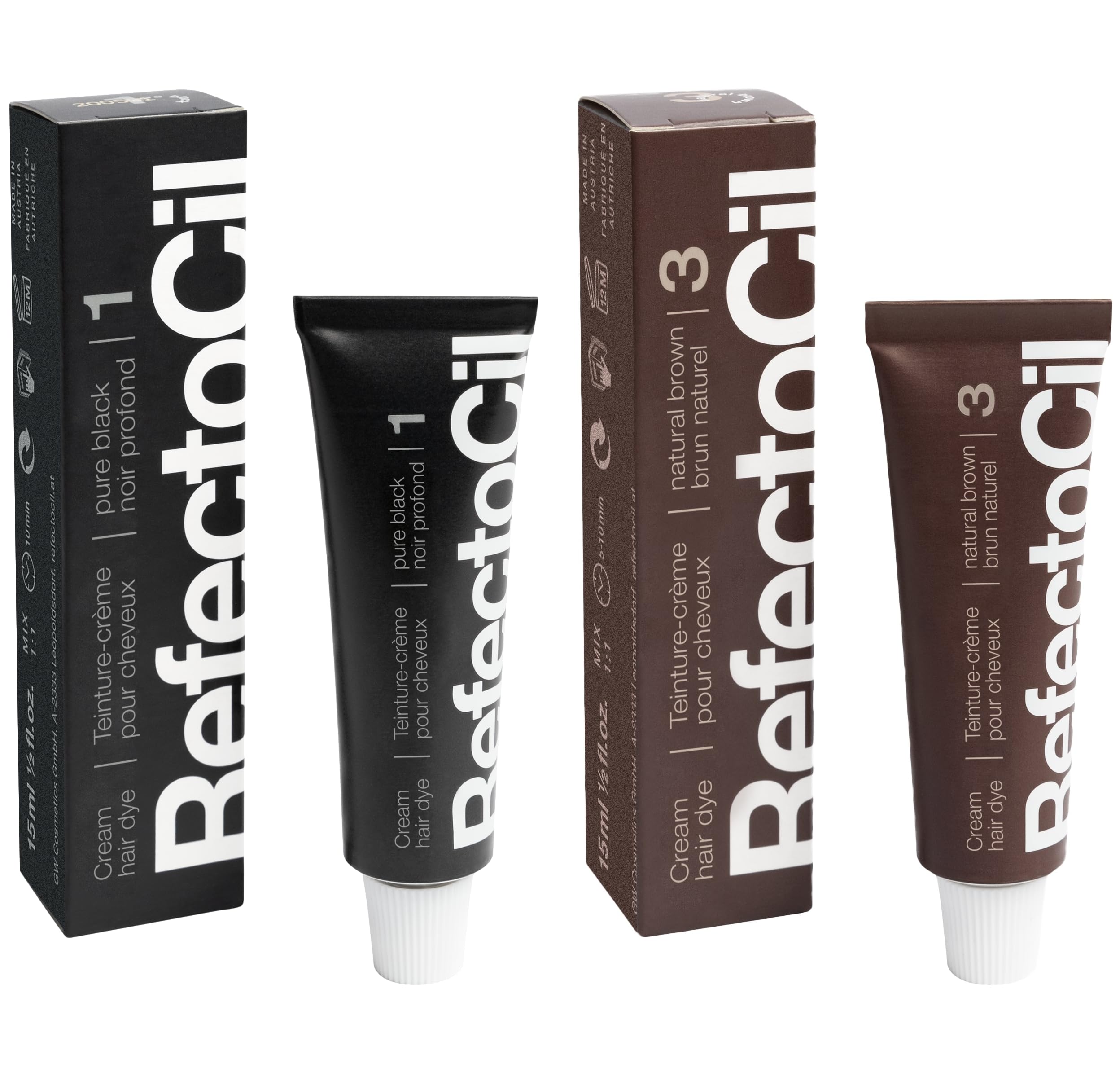 RefectoCil Cream Hair Dye 2-Pack - Professional Hair Tint for Long-Lasting Color - Black (#1) + Natural Brown (#3)