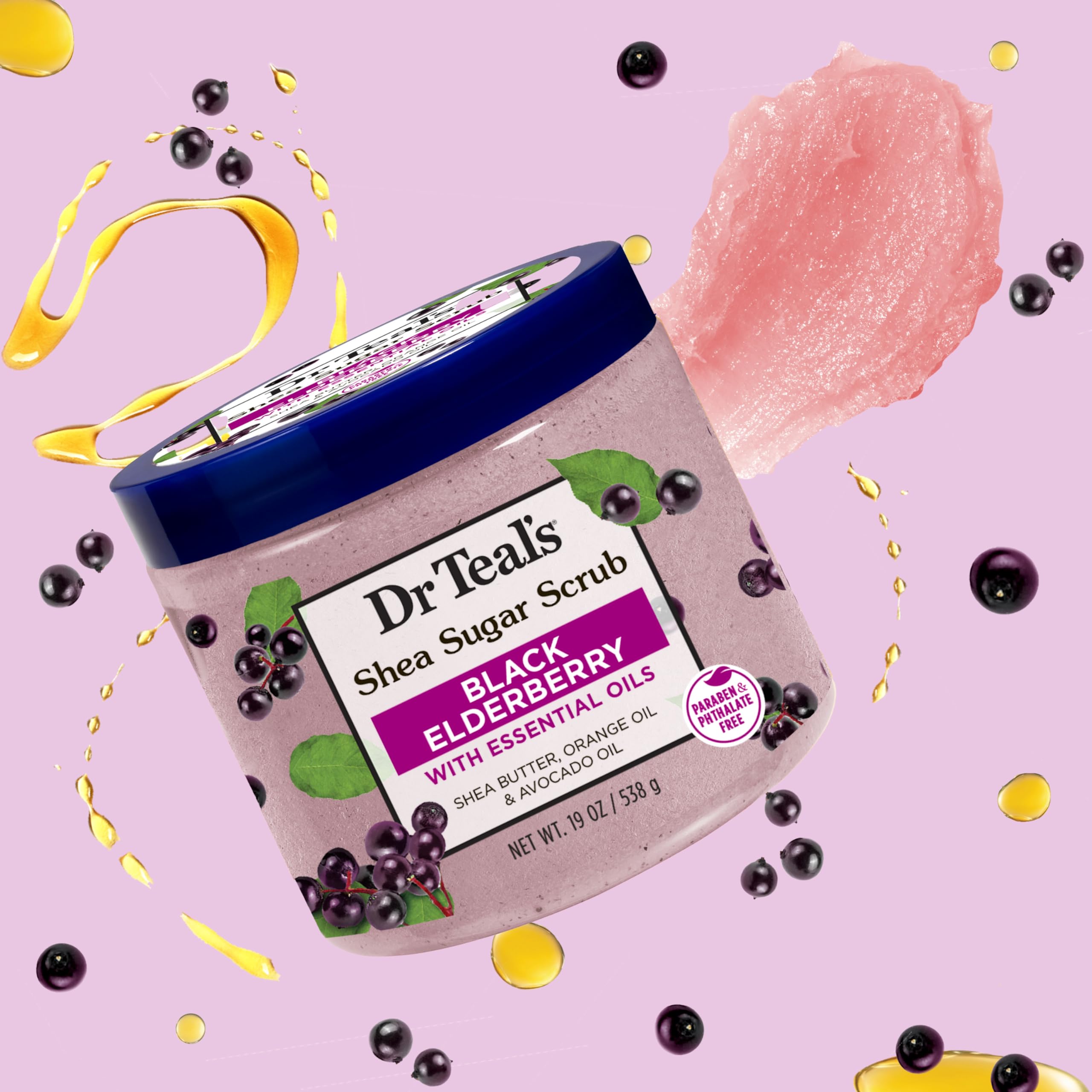 Dr Teal's Shea Sugar Body Scrub, Black Elderberry with Essential Oils, 19 oz (Pack of 3) (Packaging May Vary)