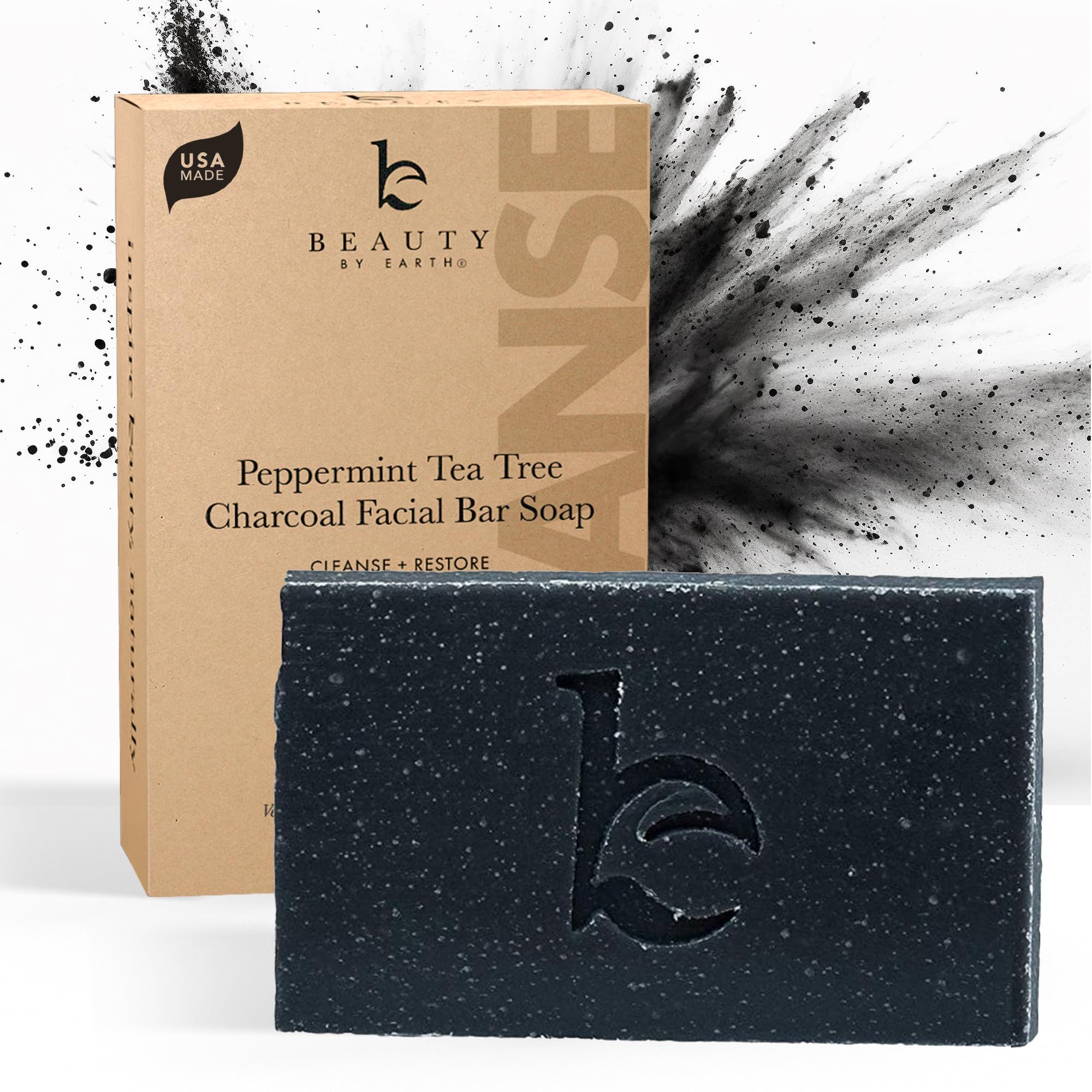 Beauty by Earth Charcoal Face Wash Bar Soap - Peppermint Tea Tree Soap Bar Facial Cleanser for Oily Skin, Black Soap Face Cleans