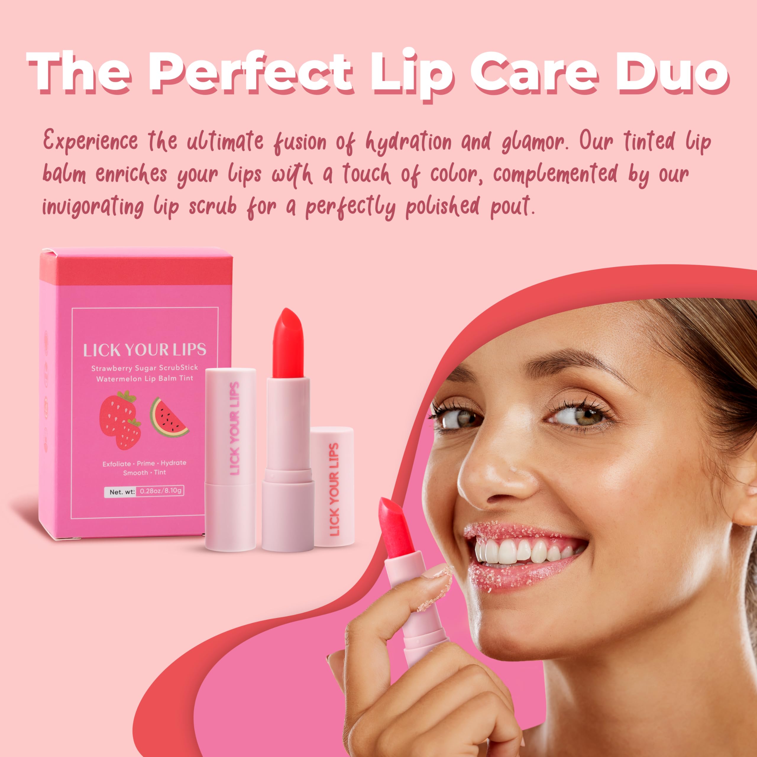 Watermelon Tinted Lip Balm And Strawberry Sugar Lip Scrub Stick Duo - Lip Scrubber Exfoliator Helps Lip Repair, Deep Hydration,