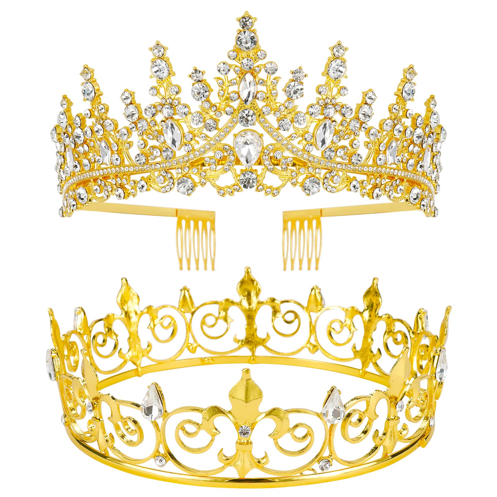 VELSCRUN 2 Pcs Crown for Men Women, Crowns for Men Metal, Gold King Queen Crown Tiaras for Women, Prince Crown Princess Tiaras f
