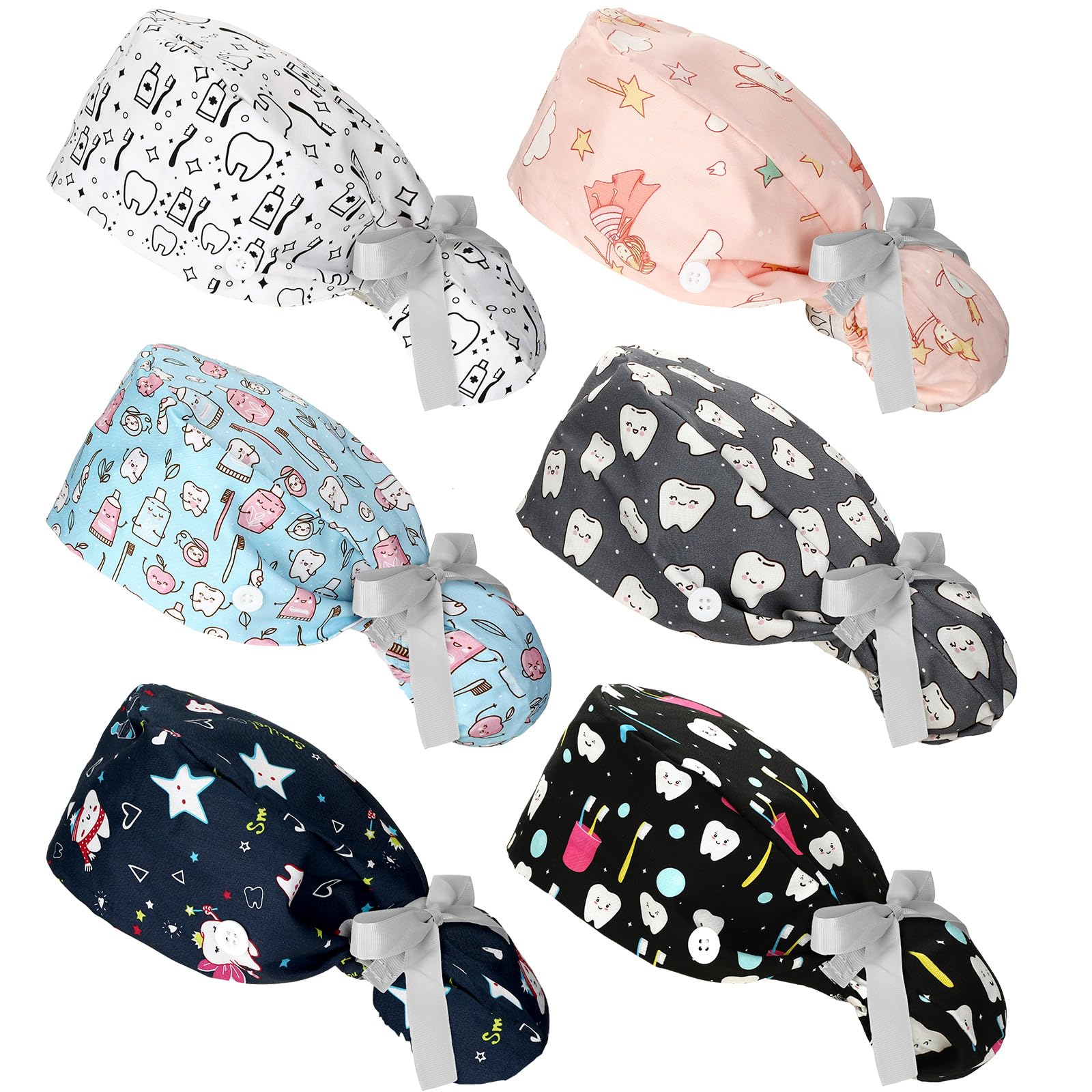 Honoson 6 Pcs Dental Scrub Caps Women Dentist Nursing Hats Adjustable Bouffant Nurse Hats Ponytail Turban Hats(Vivid Patterns)