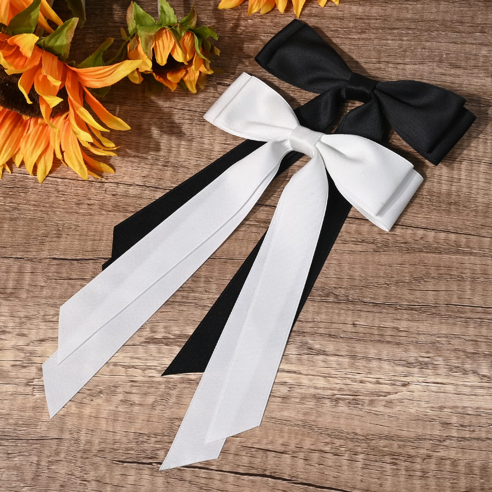 2PCS Silky Satin Hair Bows Hair Clip Black White Hair Ribbon Ponytail Holder Accessories Slides Metal Clips Hair Bow for Women G
